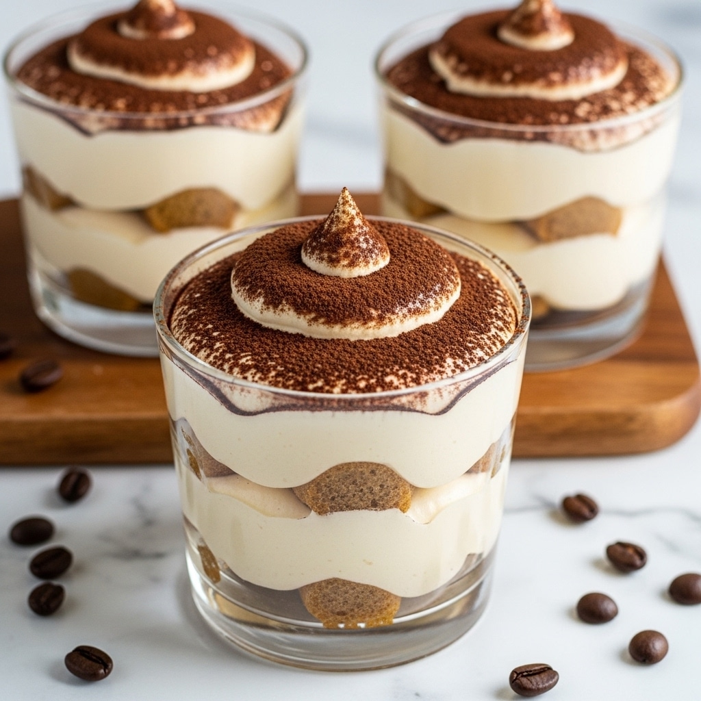 The image shows three clear glass cups of tiramisu on a white marbled surface with coffee beans scattered around. Each cup has three visible layers: the bottom layer is soaked ladyfinger biscuits with a light brown, spongy texture, the middle layer is smooth, creamy light beige mascarpone cream, and the top layer is a thick swirl of the same cream dusted generously with dark brown cocoa powder. The cups are placed on a wooden board, and one is in the front center, showing the detailed layers clearly. Photo taken with an iphone --ar 4:5 --v 7