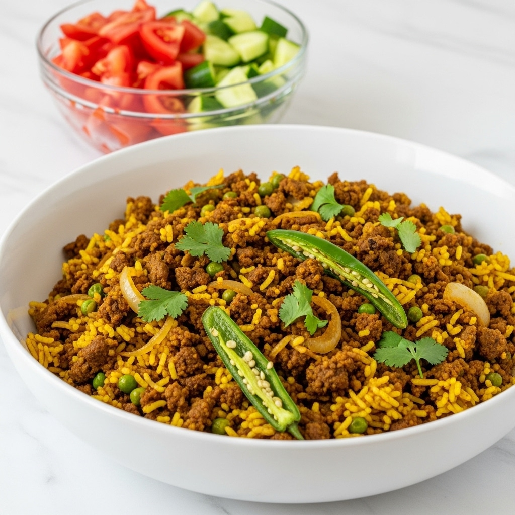 A large white bowl filled with yellow and brown spiced rice mixed with green peas, cooked onions, and pieces of green chili, garnished with fresh green cilantro leaves scattered on top; in the background, a clear glass bowl holds a salad of bright red tomato chunks and green cucumber pieces, both bowls set on a white marbled surface. photo taken with an iphone --ar 4:5 --v 7