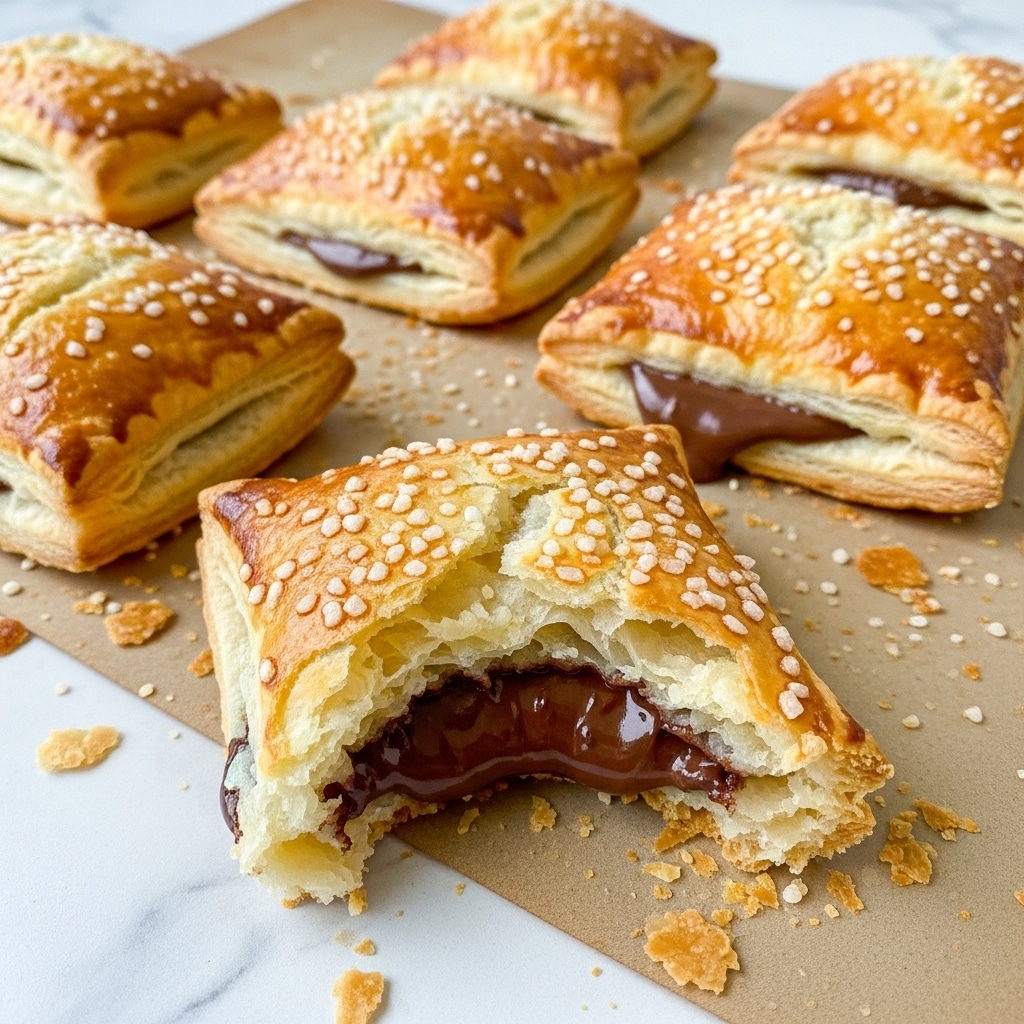 The image shows six golden brown puff pastry rectangles with a flaky texture, arranged on a baking mat. Each pastry has a shiny, lightly cracked top layer with visible sugar crystals sprinkled across it. One pastry in the front is broken open, revealing a thick, dark chocolate filling inside with glossy softness, between the top and bottom layers of soft, flaky dough. The pastries look crispy and layered, with some crumbs and small flakes scattered around them. The scene is set on a white marbled surface. photo taken with an iphone --ar 4:5 --v 7