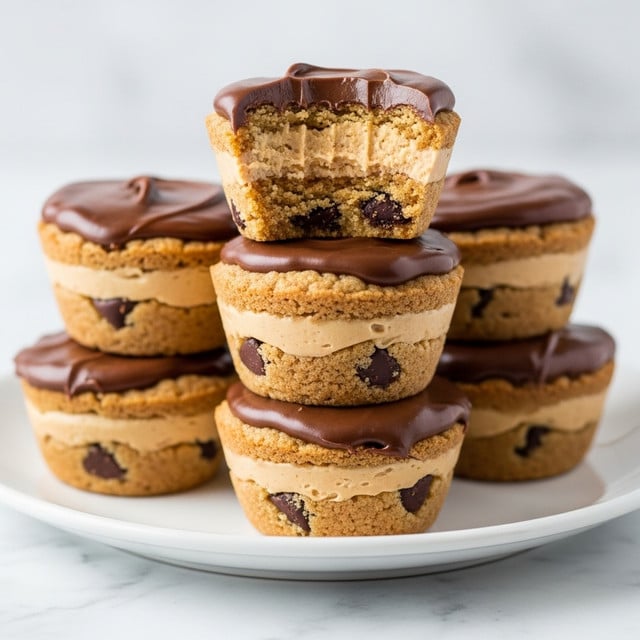 The image shows several mini cookie cups stacked on a white plate placed on a white marbled surface. Each cup has a light brown, soft-looking cookie layer forming the outer shell with small dark chocolate bits inside. The middle layer is a creamy, tan peanut butter filling, and the top layer is a smooth, glossy chocolate spread that coats the surface. One of the cookie cups is cut in half and placed on top, clearly showing the three layers: cookie shell, peanut butter filling, and chocolate topping. The photo taken with an iphone --ar 4:5 --v 7