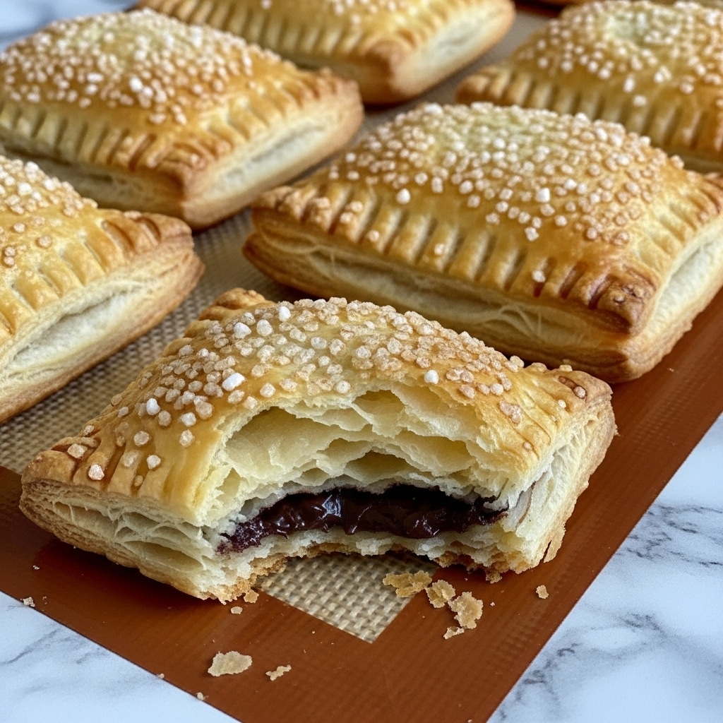 A close-up view of several golden brown puff pastries with sugar crystals on the top layer, showing flaky and crispy textures. The pastries are rectangular with crimped edges around the sides. One pastry in the front is broken open, revealing a dark chocolate filling inside with multiple flaky layers of pastry above and below it. The pastries rest on a silicone baking mat with a white marbled textured surface partially visible underneath. Photo taken with an iphone --ar 4:5 --v 7