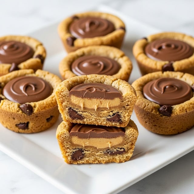 The image shows six small cookie cups arranged on a white square plate with a white marbled surface underneath. Each cup has a thick golden-brown cookie outer shell with visible chocolate chips baked inside. The cookie cups are filled with a smooth, glossy milk chocolate layer that sits evenly on top. One cookie cup is cut in half and placed on top of another, showing three layers inside: the golden cookie shell with chocolate chips on the outside, a middle layer of peanut butter, and a glossy chocolate top layer. The lighting highlights the textures, making the cookie edges look crisp and the chocolate shiny. photo taken with an iphone --ar 4:5 --v 7