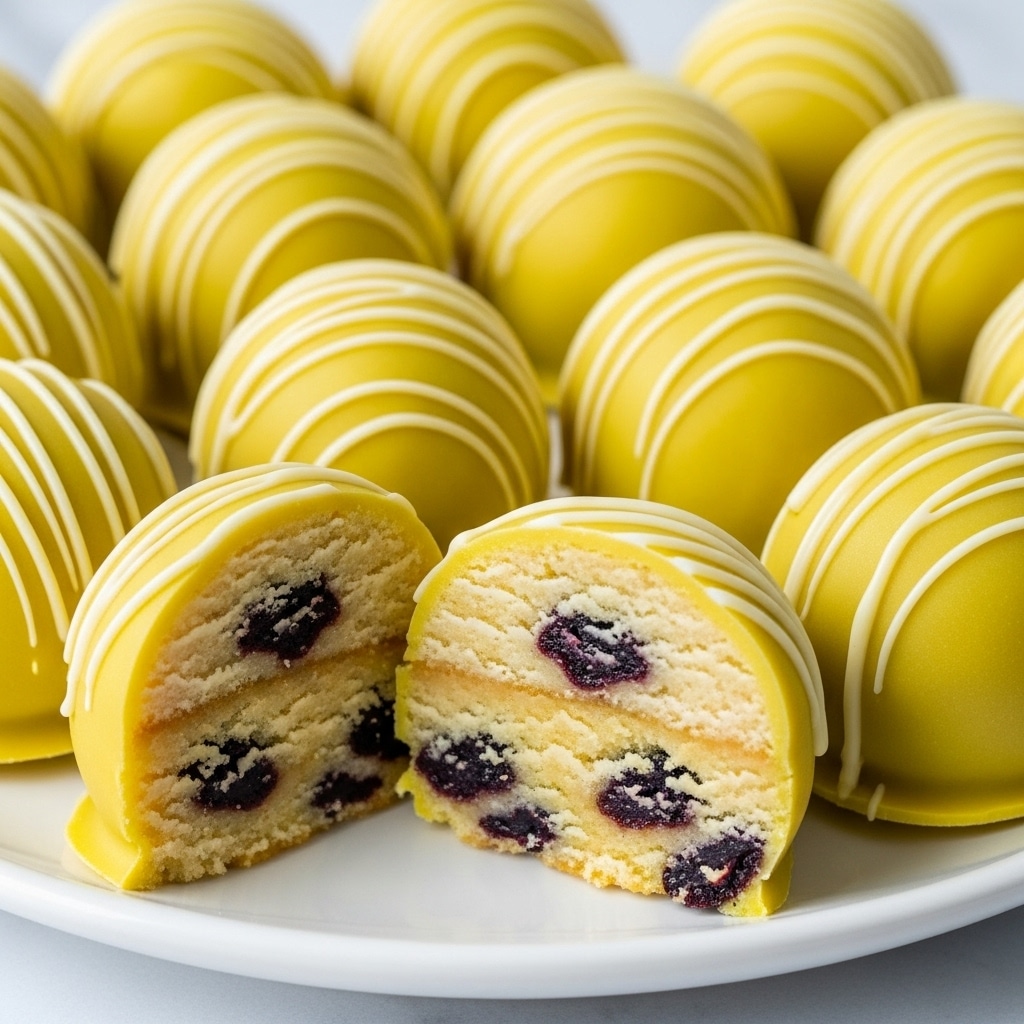 The image shows many round yellow balls with a smooth glossy outer layer that looks like yellow chocolate coating. Each ball is decorated with thin white diagonal lines of chocolate drizzled over the top. One ball is cut in half, showing three layers inside: the outer yellow chocolate layer, a thick light yellow cake-like middle layer with dark dried fruit pieces embedded, and a soft textured interior. These balls are placed closely together on a white plate with a white marbled background beneath. The lighting is bright, enhancing the shiny coating and soft texture inside the dessert. photo taken with an iphone --ar 4:5 --v 7