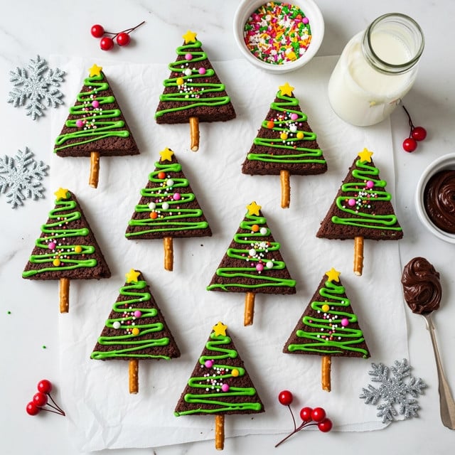 The image shows nine triangular chocolate brownie pieces, each decorated as a Christmas tree. Each brownie has a rough dark brown texture as the base layer shaped like a tree and a pretzel stick inserted at the wide end to look like the tree trunk. On top, there is a layer of green icing drizzled in a zigzag pattern from the top to the base. Colorful round and star-shaped sprinkles in pink, yellow, white, and orange are scattered on the green icing on each tree. The brownies are placed on white parchment paper over a white marbled surface, surrounded by small red berries, silver glittery snowflake decorations, and small bowls containing more sprinkles and chocolate frosting with a spoon. A bottle of milk is placed toward the top right corner. Photo taken with an iphone --ar 4:5 --v 7