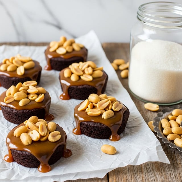 The image shows several small round chocolate cups placed on wrinkled parchment paper over a rustic surface. Each cup is dark brown and filled with a generous layer of shiny, light brown caramel sauce that overflows slightly at the edges. On top of the caramel, there is a layer of whole, golden peanuts. To the right side of the cups, a clear glass jar filled with granulated white sugar is visible, with some loose peanuts scattered around and in a small silver dish. The background surface is changed to a white marbled texture. The photo taken with an iphone --ar 4:5 --v 7