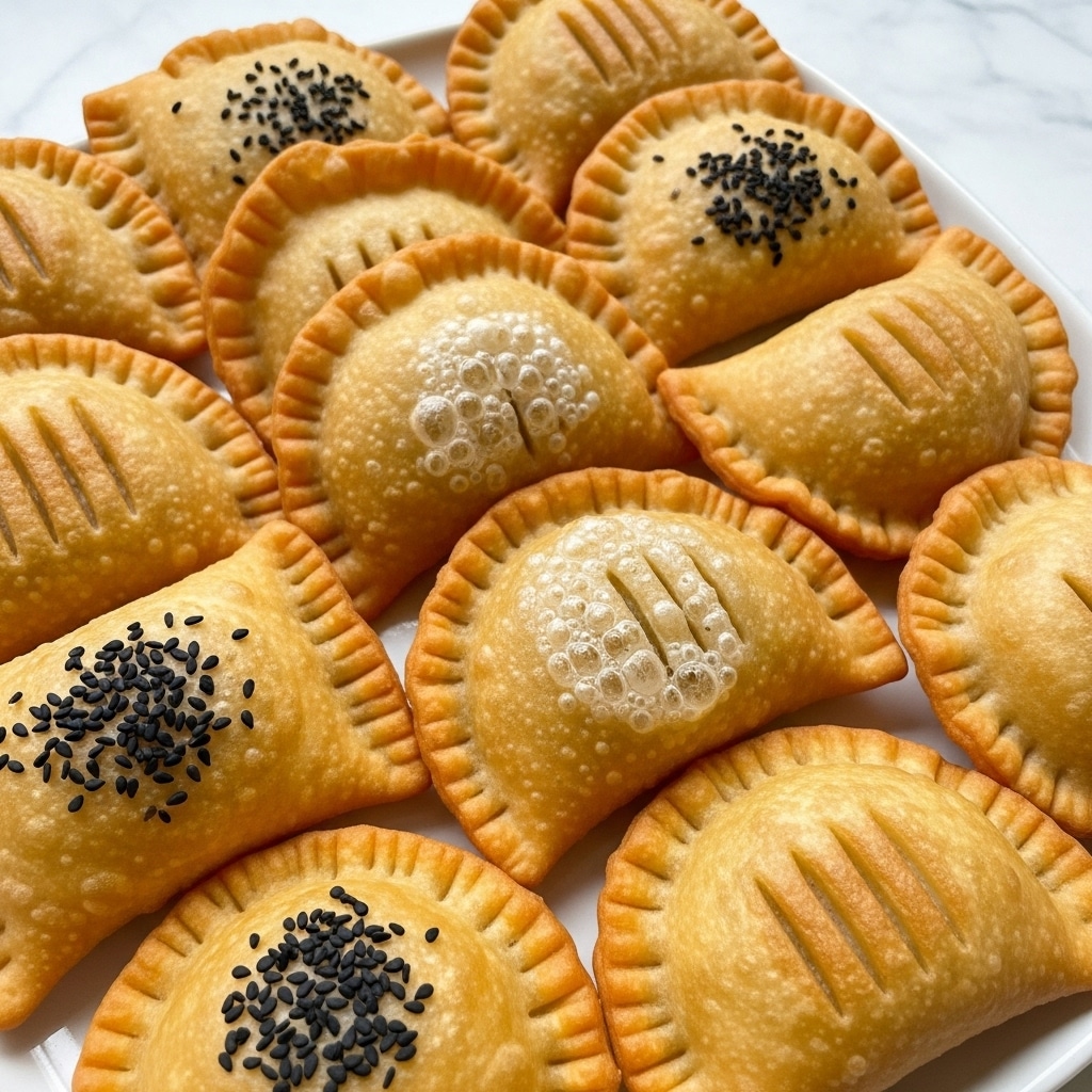 The image shows a close-up view of multiple golden-brown fried pockets with crimped edges, arranged closely together on a white plate. Each pocket is rectangular or semi-circular in shape, with a slightly bubbly and crisp texture on the surface. Some pockets have small clusters of black sesame seeds sprinkled on top, adding contrast to the warm golden color. The edges are well-sealed with fork marks, giving the pockets a crunchy look. The background is a white marbled texture, enhancing the focus on the fried pockets. photo taken with an iphone --ar 4:5 --v 7