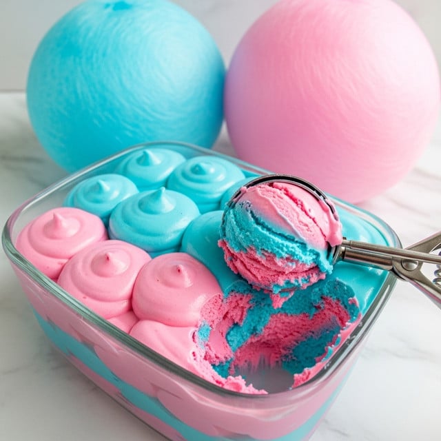 A glass container filled with a swirled ice cream or mousse that has two main colors: bright blue and soft pink. The surface has large dollops of both colors, giving it a fluffy and smooth look. One scoop is being taken out with a metal ice cream scooper, showing a mix of blue and pink tightly packed in a smooth, creamy texture. In the background, there are two large fluffy pieces of cotton candy, one bright blue and one pink, resting on a white marbled surface. The scene is bright and colorful, with clear focus on the creamy layers and the fluffy cotton candy. photo taken with an iphone --ar 4:5 --v 7