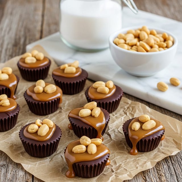 The image shows small chocolate cups arranged on crinkled brown paper over a rustic textured surface. Each cup has a base layer of dark brown chocolate with a smooth, shiny caramel layer on top, slightly spilling over the edges. Scattered on the caramel are whole, light golden-brown peanuts. To the side, there is a white marbled textured surface holding a small white bowl filled with peanuts and a glass jar filled with white sugar, creating a warm and inviting setting. Photo taken with an iphone --ar 4:5 --v 7
