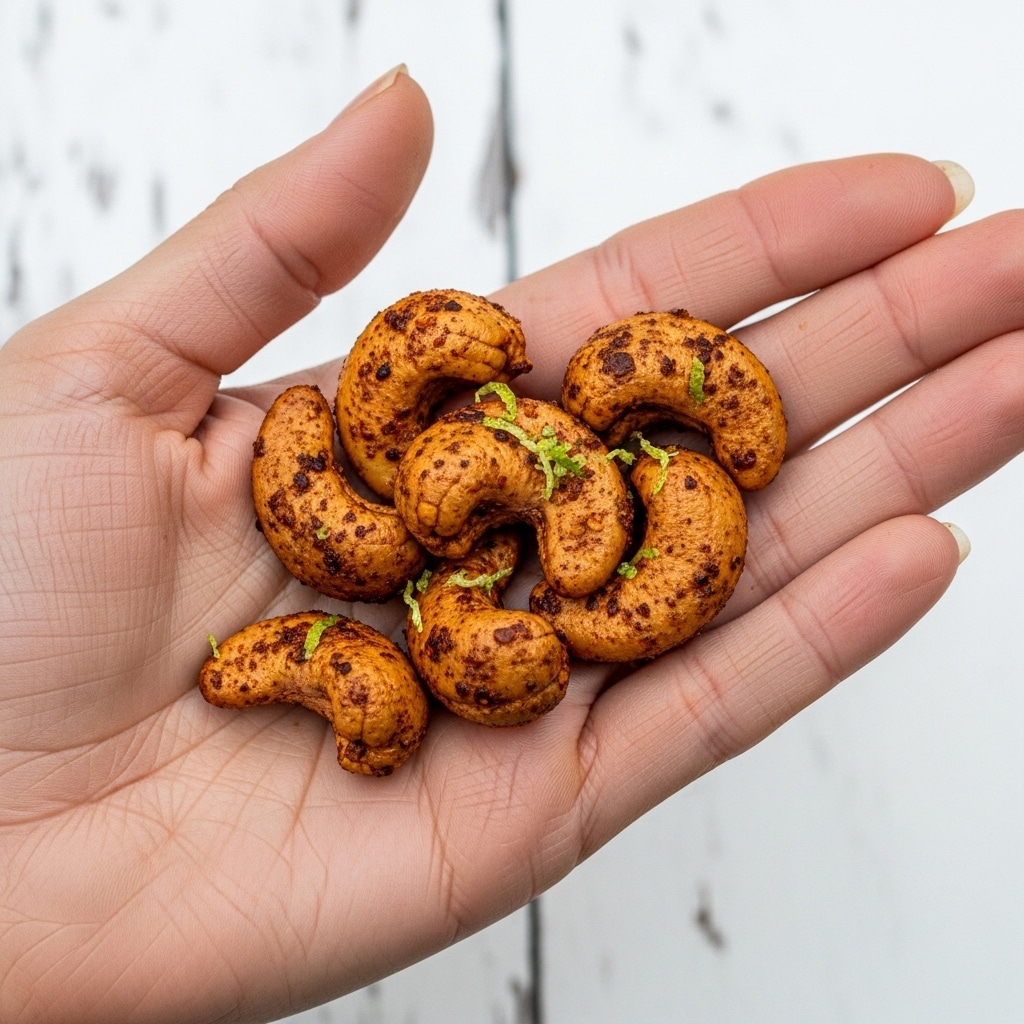 A woman's hand is holding several roasted cashew nuts coated with a dark spice mix, showing their curved shapes and rough texture. The background is a white marbled texture resembling an outdoor wooden surface blurred behind the woman's hand. Photo taken with an iphone --ar 4:5 --v 7