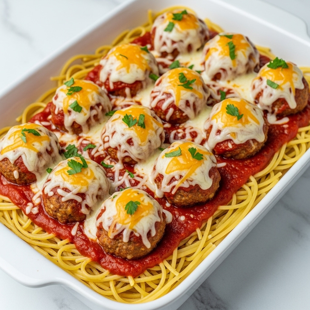 A white rectangular baking dish holds a layer of yellow spaghetti noodles spread evenly on the bottom. On top of the noodles is a thick layer of red tomato sauce, partially covering the noodles. Over the sauce are nine large round meatballs, each covered with melted, slightly browned white and orange cheese, and garnished with small green parsley leaves. The dish sits on a white marbled surface. photo taken with an iphone --ar 4:5 --v 7