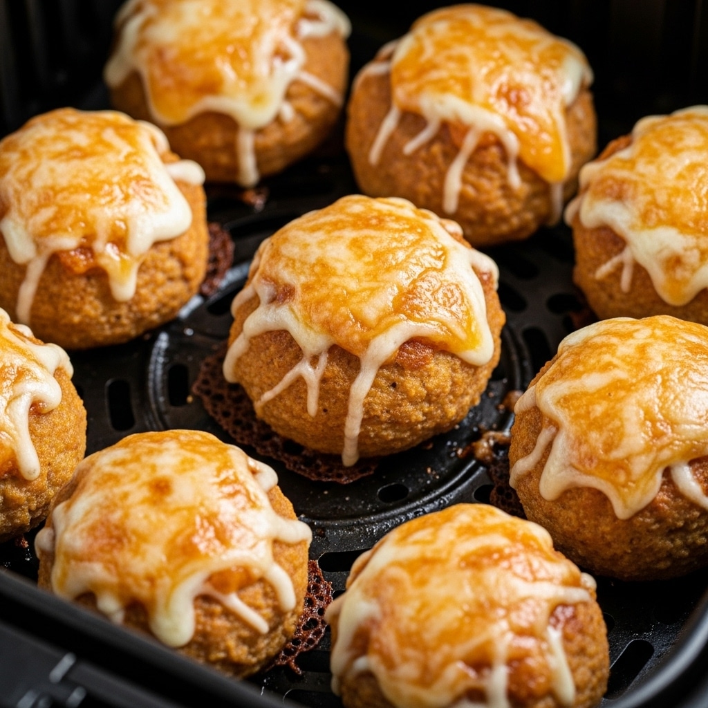 Several round, golden-brown baked balls covered with melted, slightly browned cheese sit close together inside a black air fryer basket. Each ball has a rough texture with crispy edges on the bottom, topped with a thick layer of bubbly, melted cheese that is light orange and white in color, showing some spots where the cheese is broiled to a darker color. The balls rest on a light, slightly shiny surface inside the basket. photo taken with an iphone --ar 4:5 --v 7