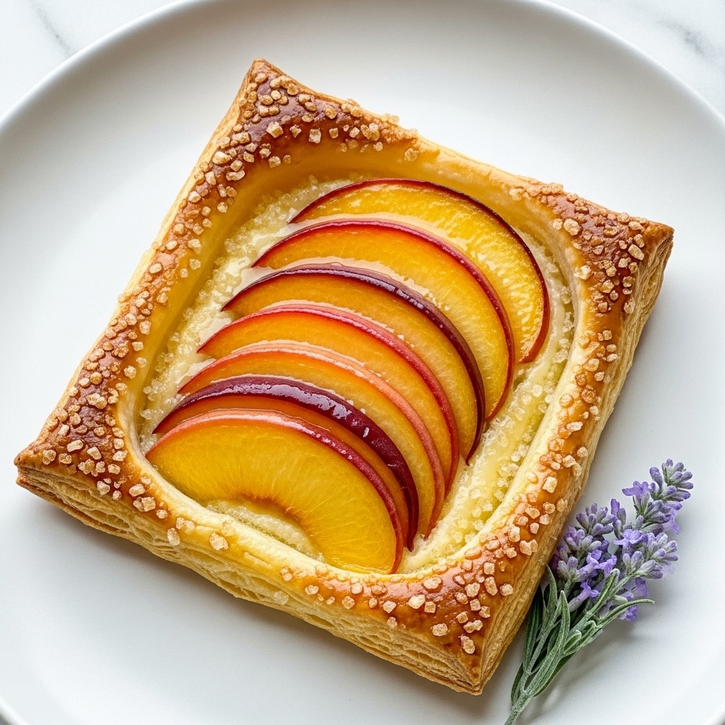 A square-shaped tart with a golden, crispy puff pastry base that has a slightly bubbly and flaky texture, topped with five thin, glossy slices of caramelized peach layered neatly in a fanned arrangement from bottom right to top left. The edges of the tart are raised and sprinkled with coarse sugar crystals that add a crunchy look. At the bottom right corner of the tart, a small sprig of light purple lavender flowers adds a delicate decorative touch. The tart sits on a white plate with a white marbled texture background. photo taken with an iphone --ar 4:5 --v 7