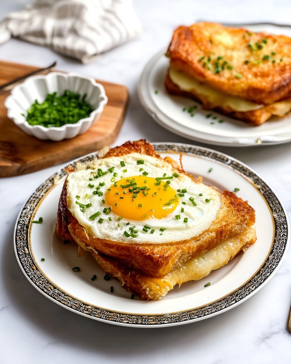 A white plate with a patterned black, gold, and white rim holds a stack of two slices of golden-brown toasted sandwich bread covered with melted cheese that is slightly browned and bubbly on top. On top of the sandwich sits a perfectly cooked sunny-side-up egg with a bright yellow yolk and white edges slightly crisped, sprinkled with finely chopped green herbs. In the background, a silver fork rests on the plate, and the setting is on a white marbled surface. photo taken with an iphone --ar 4:5 --v 7