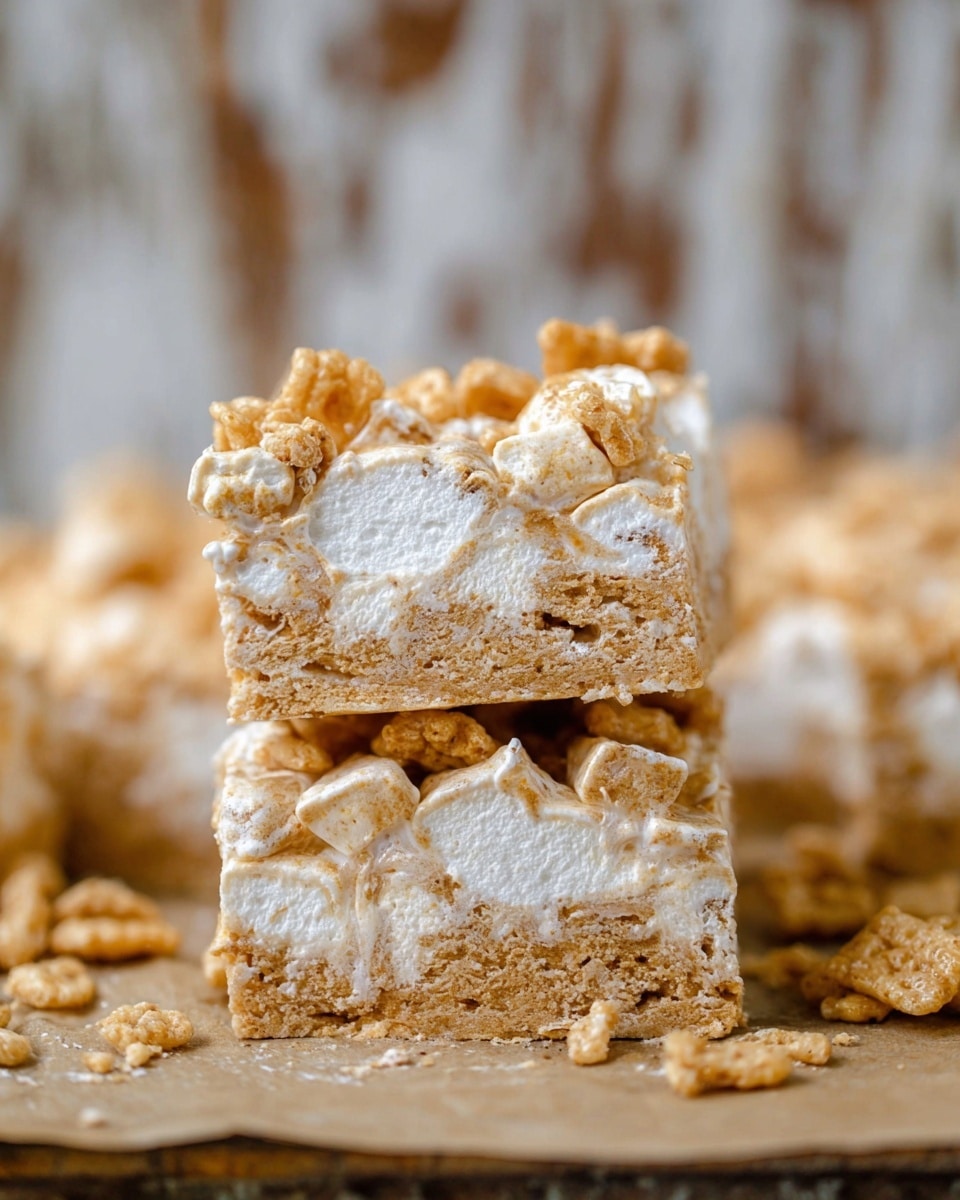 The image shows a close-up of a square-shaped dessert bar with two visible layers. The bottom layer is made of a light tan, crunchy cereal base, while the top layer is a mix of the same cereal bound together with creamy, white marshmallow, giving it a soft and sticky texture. Crumbled cereal pieces are scattered around the bar on a brown parchment paper, set against a background with a white marbled texture. The dessert bar looks thick, dense, and chewy with a mix of smooth and crunchy textures. photo taken with an iphone --ar 4:5 --v 7