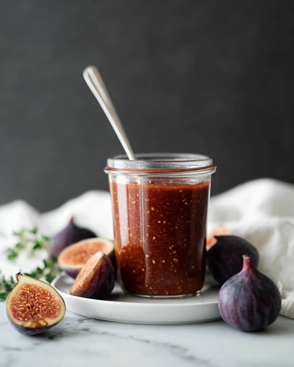 A clear glass jar filled with a thick, reddish-brown sauce that has visible small seeds and texture, placed on a white plate. A silver spoon sticks out from the jar at an angle. Surrounding the jar are whole and halved dark purple figs showing their soft, light brown inside with seeds. The scene is set on a white marbled surface with a soft, white cloth blurred in the background and a dark, plain backdrop behind it all. photo taken with an iphone --ar 4:5 --v 7