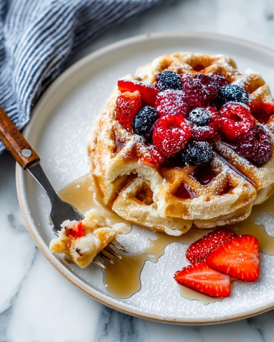The image shows a white plate with two golden-brown waffles stacked on top of each other. The top waffle is decorated with a mix of red raspberries, blue blueberries, and sliced bright red strawberries, all dusted lightly with white powdered sugar. There is syrup drizzled over the waffles and pooling on the plate, along with two strawberry slices on the side. A fork with a wooden handle holds a bite of waffle closest to the bottom left of the plate. The plate is set on a white marbled surface, and there is a blue and white striped cloth partially visible at the top. photo taken with an iphone --ar 4:5 --v 7