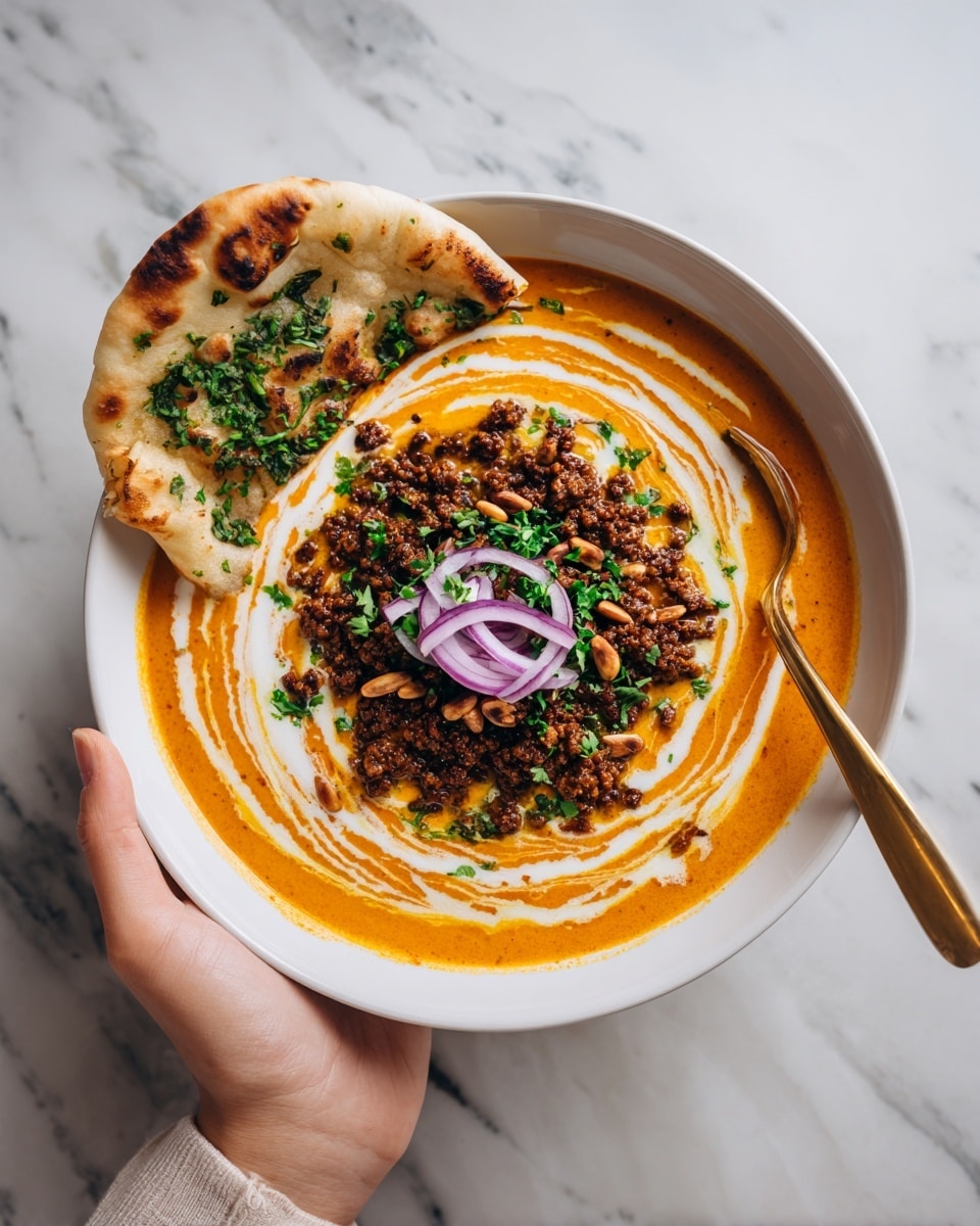 A white bowl holds a rich orange creamy curry as the base layer, swirled with white cream in a loose spiral pattern. On top of the curry, there is a layer of dark brown spiced minced meat and toasted pine nuts scattered unevenly in the center, with fresh green chopped herbs sprinkled over all. Three thin rings of light purple onion rest on the curry near the center. A piece of flat, soft white naan bread with chopped herbs on top leans on one side inside the bowl. A gold spoon is partially submerged in the curry on the right side. A woman's hand holds the bowl from the bottom left corner, and the background shows a white marbled texture. photo taken with an iphone --ar 4:5 --v 7