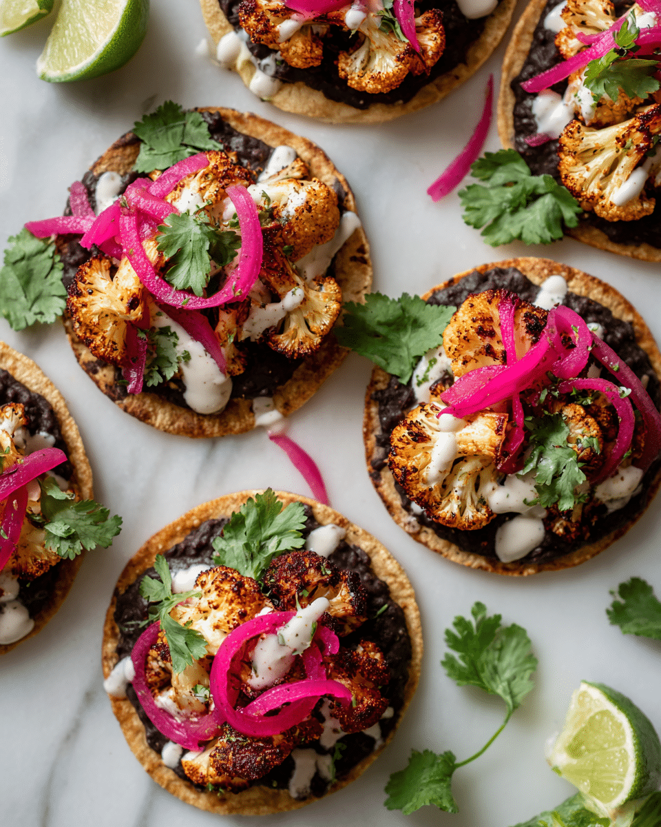 The image shows several small tostadas arranged on a white marbled surface. Each tostada has a crispy, golden brown base. On top of this, there is a layer of dark brown refried beans spread evenly. Over the beans, there are pieces of crispy roasted cauliflower with a light golden color and slight charring. Thin slices of pink pickled red onion are spread over the cauliflower, adding a vibrant pop of color. Drizzled over everything is a creamy, pale green sauce with small herb flecks. Scattered chopped cilantro adds bright green freshness on top. Two lime wedges lie to the side, suggesting a fresh zest to the dish. photo taken with an iphone --ar 4:5 --v 7