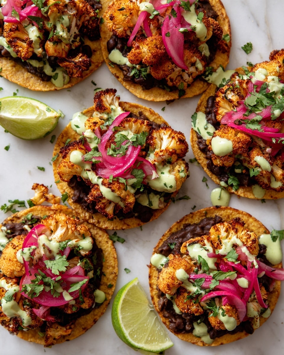 The dish shows several small round crispy tostadas, each with a base layer of dark brown refried beans spread evenly. On top, roasted golden brown cauliflower florets with a slightly charred texture form the main layer. There are thinly sliced, curled pink and white pickled onions scattered over the cauliflower. Fresh green cilantro leaves are sprinkled around and over the layers, adding a burst of color. Creamy white sauce is drizzled generously across the top, creating smooth highlights over the vegetables. The dish is set on a white marbled surface with some cilantro leaves and lime wedges placed nearby for garnish. Photo taken with an iphone --ar 4:5 --v 7