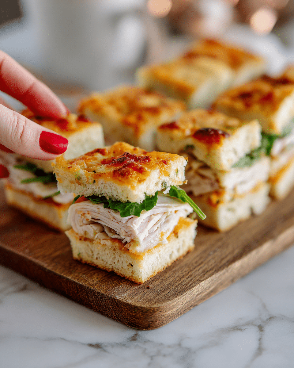 A close-up of a sandwich cut into triangles, showing three layers: a top golden-brown bread crust sprinkled with crispy crumbs, a middle layer with white sliced meat and thin slices of red onion mixed with green leafy vegetables, and a bottom layer of light toasted bread. The sandwich is on a wooden surface with scattered crumbs and small bits of greens around it, and the background is a soft white marbled texture. photo taken with an iphone --ar 4:5 --v 7