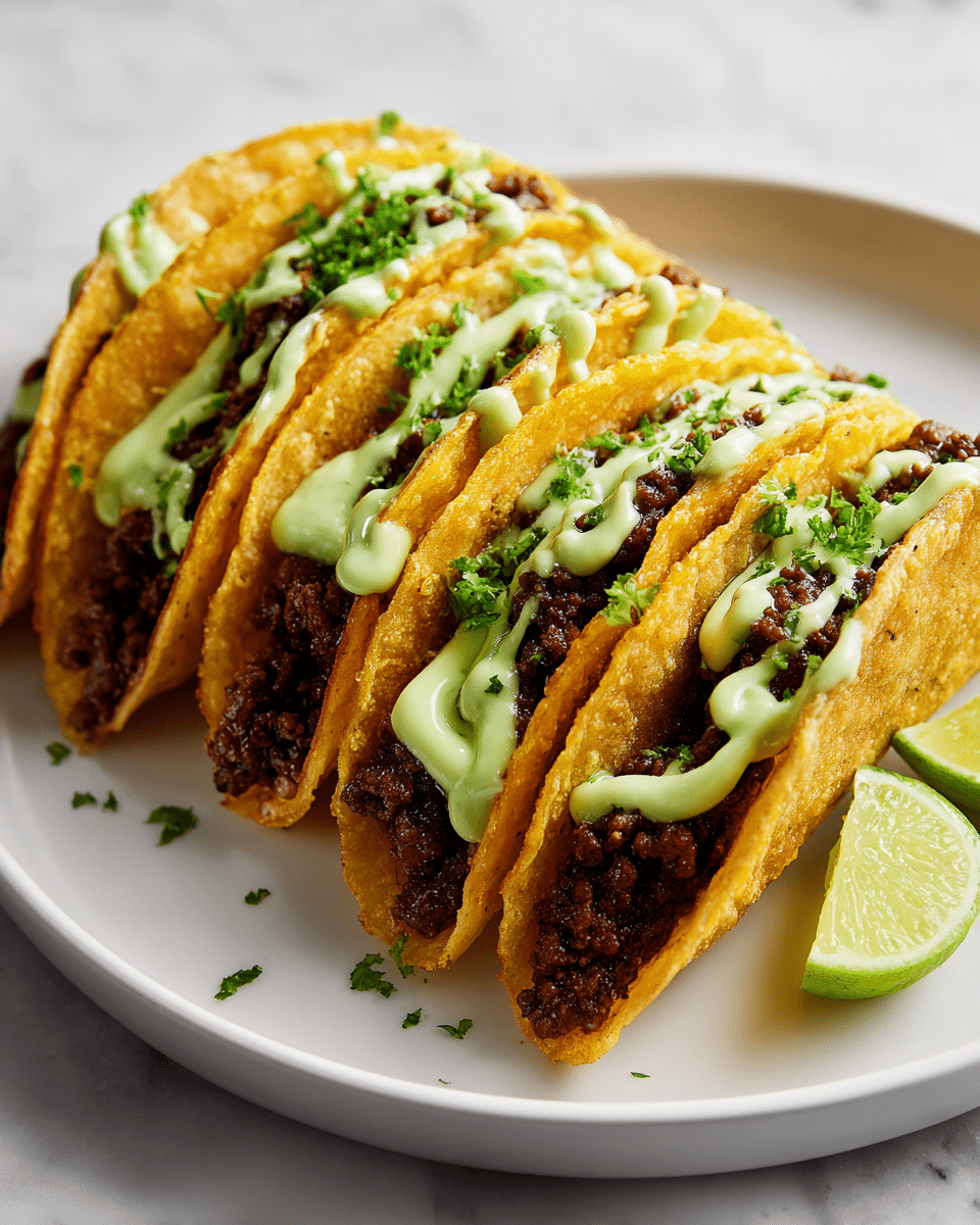 A white oval plate holds five folded quesadillas stacked slightly overlapping in two rows. Each quesadilla has two crispy, golden-brown outer layers with a slightly charred texture, and a dark, rich filling layer visible at the open edges, sprinkled lightly with chopped green herbs. Two lime wedges rest on the plate's side. Around the plate, there are scattered triangle tortilla chips and some more chopped herbs. A small glass jar with pale green sauce and a spoon sits near the top left, and a crumpled blue cloth napkin is by the plate on a white marbled surface. photo taken with an iphone --ar 4:5 --v 7