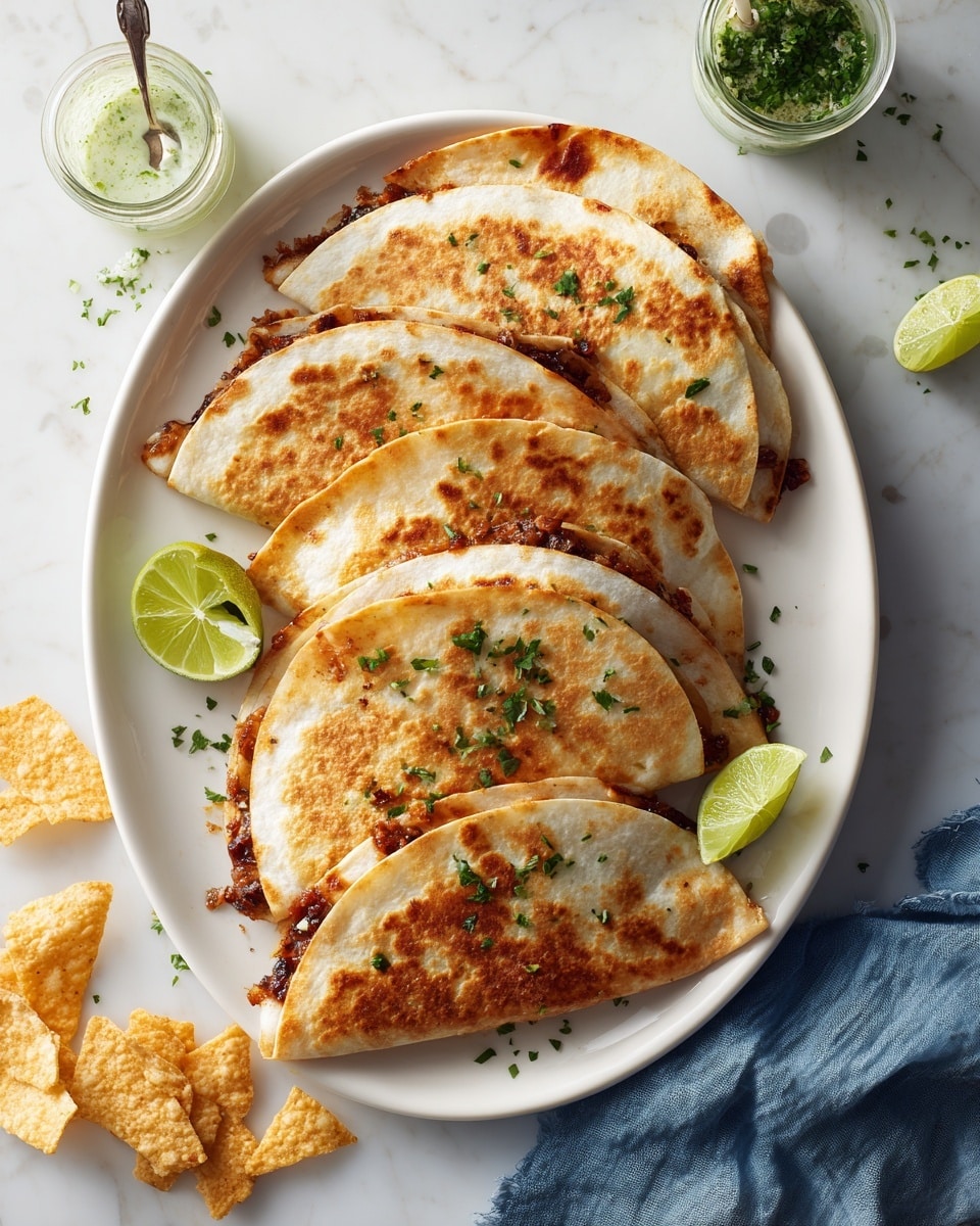 The image shows a white plate filled with five golden-brown tacos arranged closely in a row. Each taco shell is crispy and slightly browned with a soft texture. Inside, there is a thick layer of dark brown ground meat filling visible at the open side of each taco. A drizzle of creamy, light green sauce runs over the top of the tacos in uneven lines. Small green parsley leaves are sprinkled across the tacos and plate for garnish. A wedge of lime rests near the plate's edge on a white marbled surface. photo taken with an iphone --ar 4:5 --v 7