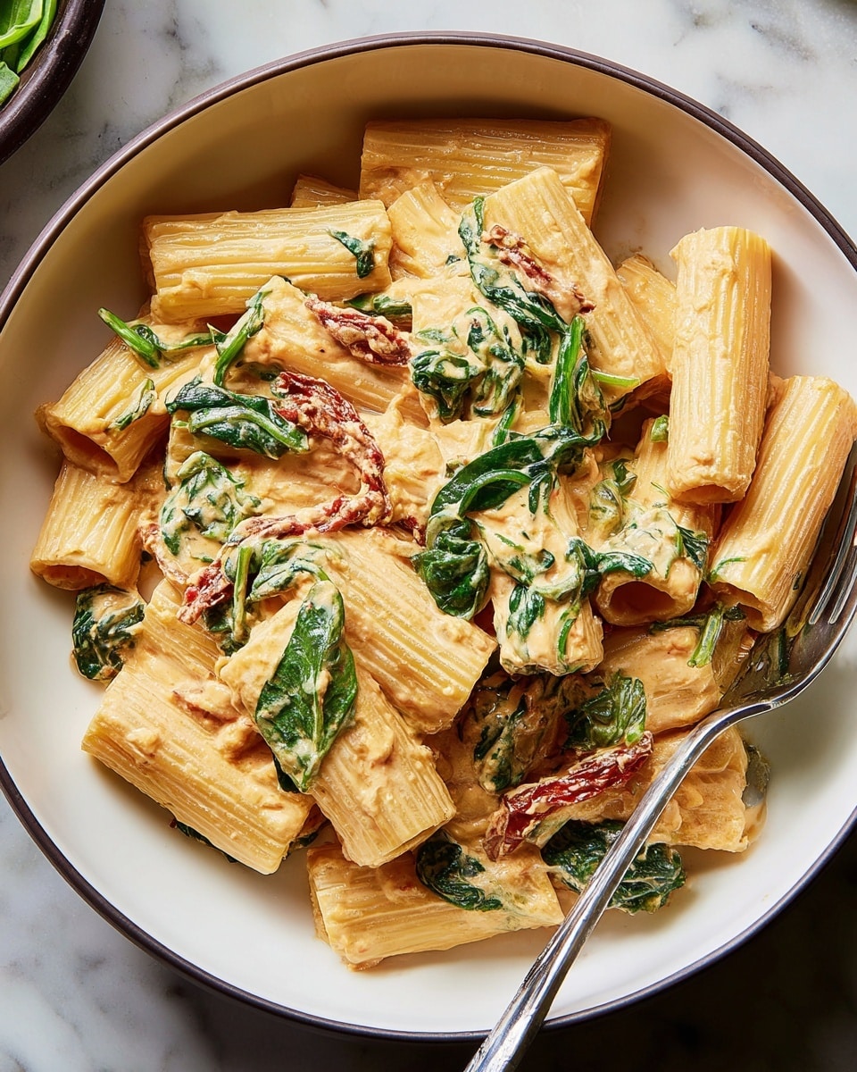 A bowl filled with rigatoni pasta covered in a creamy light orange sauce mixed with bright green spinach leaves and thin strips of sun-dried tomatoes, giving the dish a mix of smooth and slightly textured layers. The rigatoni pieces, which are tube-shaped with ridges, sit on the bottom and middle layers, while the creamy sauce coats them evenly. The spinach leaves are spread throughout, some fully coated while others partly showing their glossy surface. Sun-dried tomatoes add a darker red color contrast scattered around the dish. A silver fork rests on the edge of the white bowl, which is placed on a white marbled surface. Photo taken with an iphone --ar 4:5 --v 7