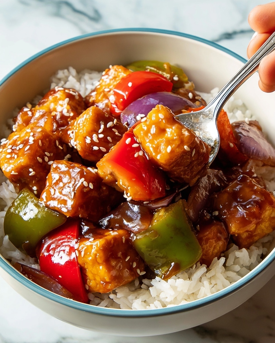 A close-up of a dish in a white bowl showing three layers: the bottom layer is white cooked rice with a soft and fluffy texture; the middle layer consists of glossy, large cubes of golden-brown tofu coated in a thick brown sauce; the top layer has colorful pieces of green and red bell peppers and purple onion slices, all covered with shiny sauce and sprinkled with small white sesame seeds. A silver spoon held by a woman's hand lifts one large piece of tofu. The background features a white marbled surface. photo taken with an iphone --ar 4:5 --v 7