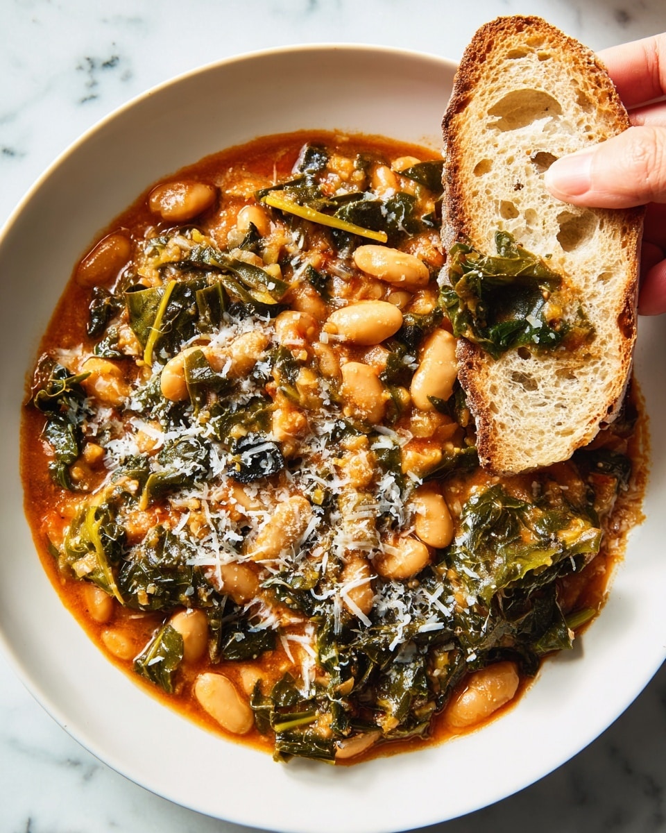 A white bowl filled with a thick stew made of light brown beans and dark green leafy vegetables mixed in a reddish-orange sauce. The stew has some sprinkled white grated cheese on top. On the right side, a slice of light brown rustic bread with visible holes is held by a woman's hand, with some beans resting on the bread. The bowl sits on a white marbled textured surface. photo taken with an iphone --ar 4:5 --v 7