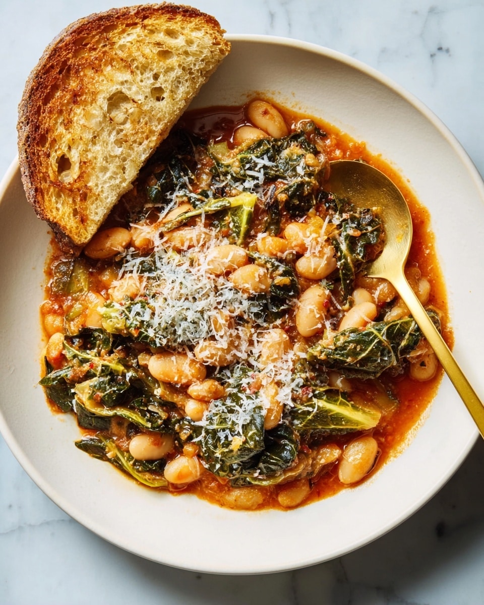 In a white round plate on a white marbled surface, there is a warm stew made of light beige beans mixed with dark green leafy vegetables and a reddish-orange sauce. The stew fills most of the plate, with a slightly thick texture showing some chunks of greens and beans. On top, there is a sprinkle of finely grated white cheese that adds a light, powdery layer. A golden spoon is placed inside the stew on the right side of the plate, partially covered by the food. In the top left corner of the plate, a slice of toasted bread with a golden-brown crust and a soft, porous light brown inside rests partially over the stew. The overall look is cozy and hearty. Photo taken with an iphone --ar 4:5 --v 7
