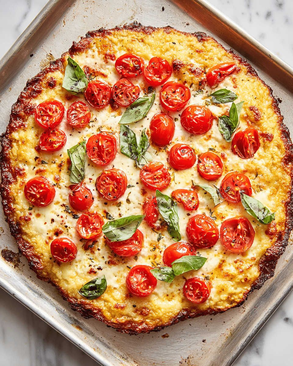 A round pizza with a single thick crust layer that is golden brown and slightly crispy on edges, topped with a melted creamy white cheese layer spreading evenly across the surface. On top, there are multiple bright red slices of cherry tomatoes scattered around, each showing juicy seeds and shiny skin. Fresh green basil leaves are placed between the tomato slices, adding vibrant contrast. The pizza sits on a metal baking tray with a slightly oily texture, all set on a white marbled texture background. photo taken with an iphone --ar 4:5 --v 7