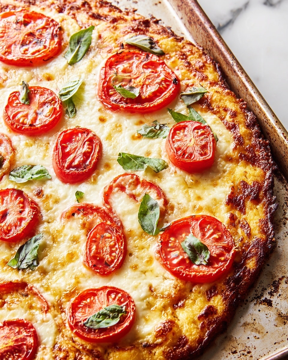 A close-up of a pizza with one main layer of golden brown crispy crust topped with a generous layer of melted white cheese that covers the surface unevenly, showing some toasted spots. Bright red tomato slices are spread evenly on top, each slice juicy and round with a slightly glossy texture. Fresh green basil leaves are scattered between the tomato slices, adding a pop of color and freshness. The pizza rests on a worn baking tray, the rough edges of the crust crisped and darkened. The background is a white marbled texture. photo taken with an iphone --ar 4:5 --v 7