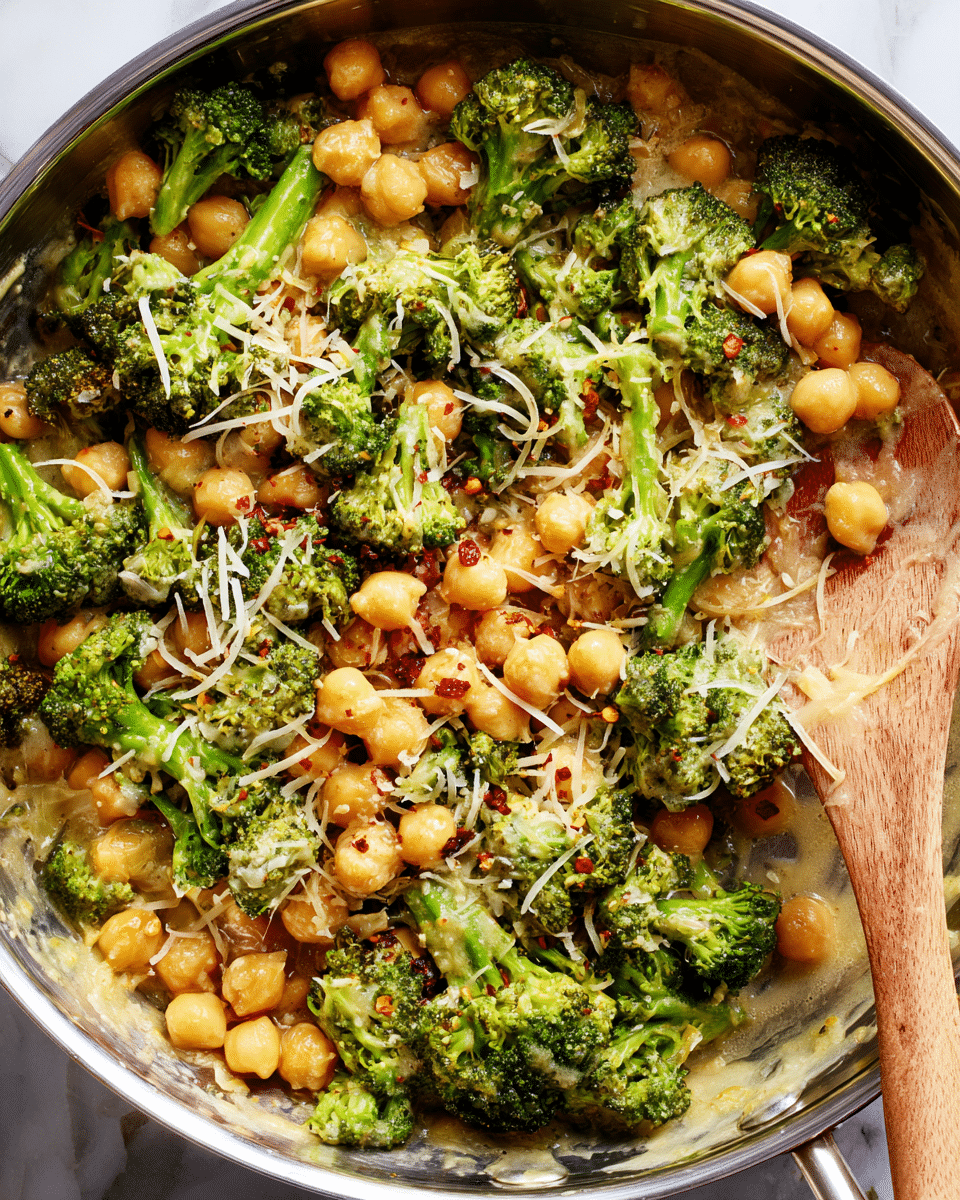 A close-up overhead view of a metal pan filled with a creamy dish of cooked chickpeas and bright green broccoli florets mixed together. The chickpeas are golden and smooth, while the broccoli has a slightly roasted texture with some crisp edges. The dish is topped with shredded light yellow cheese and scattered red chili flakes. A wooden spoon rests partially submerged on the right side of the pan, with creamy sauce clinging to it. The pan is placed on a white marbled surface. photo taken with an iphone --ar 4:5 --v 7