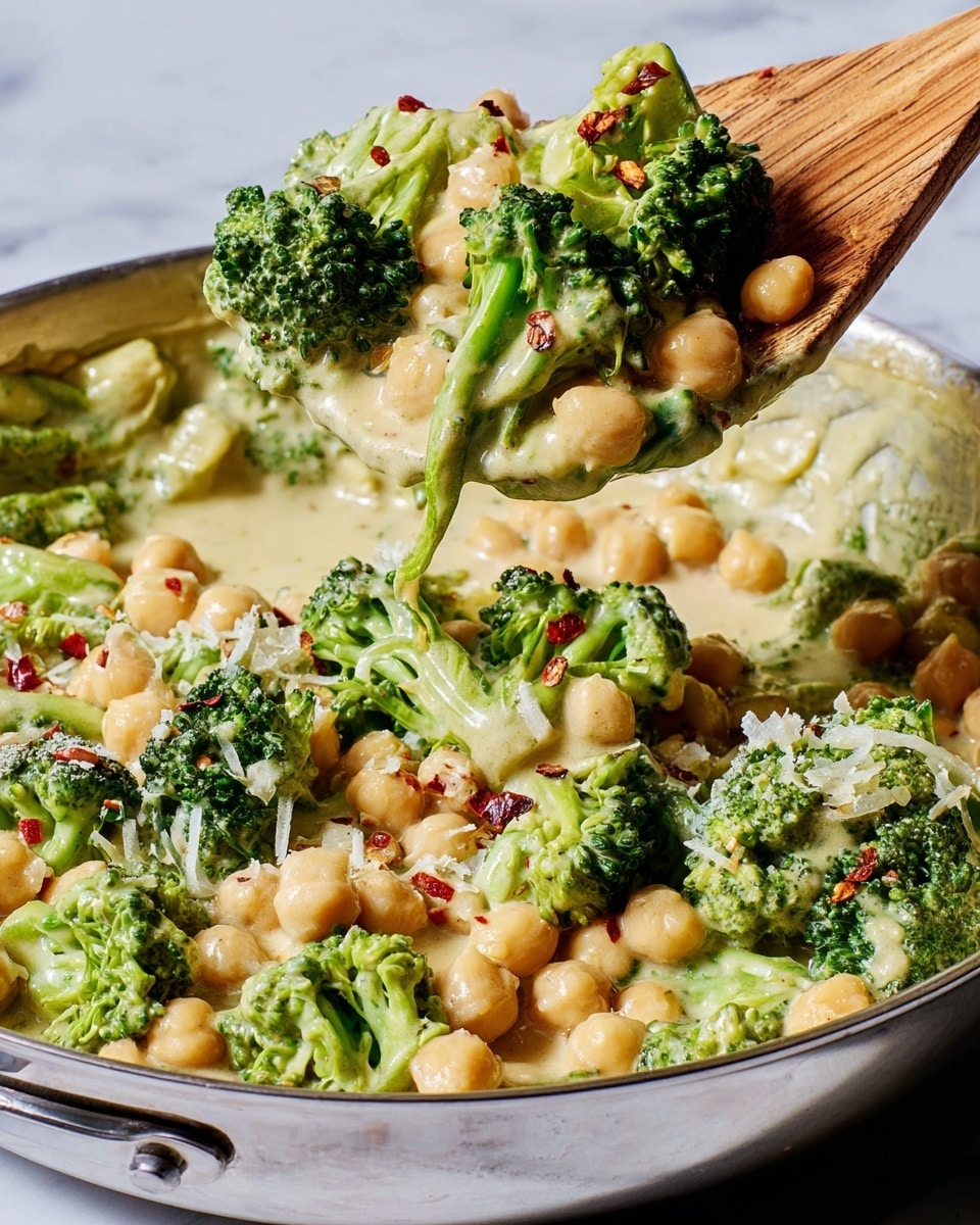 A close-up image of a creamy broccoli and chickpea dish being scooped up with a wooden spatula from a silver pan. The dish has bright green broccoli florets mixed evenly with round, beige chickpeas, all coated in a thick, light cream sauce with small bits of melted cheese and red chili flakes sprinkled on top. The background is a white marbled texture, adding a clean look to the image. Photo taken with an iphone --ar 4:5 --v 7