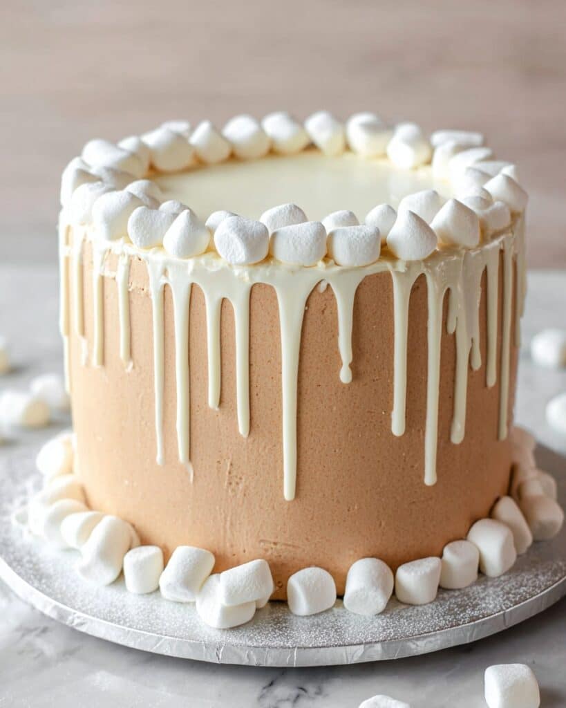 Hot Chocolate Cake with Marshmallow Filling and White Chocolate Ganache Recipe