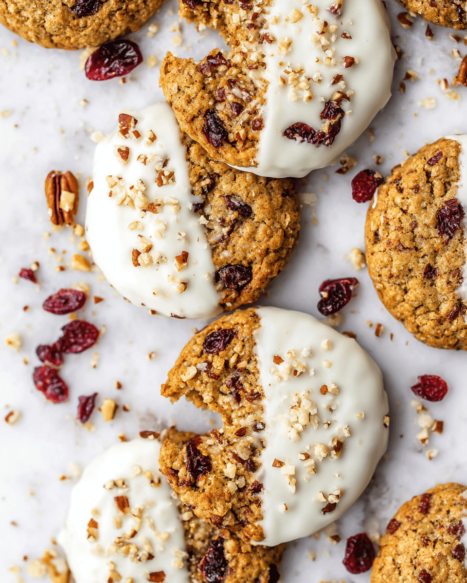 The image shows a white bowl filled with round cookies, each with two layers. The bottom layer is a golden-brown cookie with visible pieces of red dried cranberries and small bits of nuts scattered throughout. The top half of each cookie is dipped in a smooth white coating, sprinkled with crushed nuts for added texture and color contrast. The bowl sits on a white marbled surface, and some crumbs and dried cranberries are scattered lightly around it. In the background, there is a small white bowl filled with more dried cranberries. photo taken with an iphone --ar 4:5 --v 7