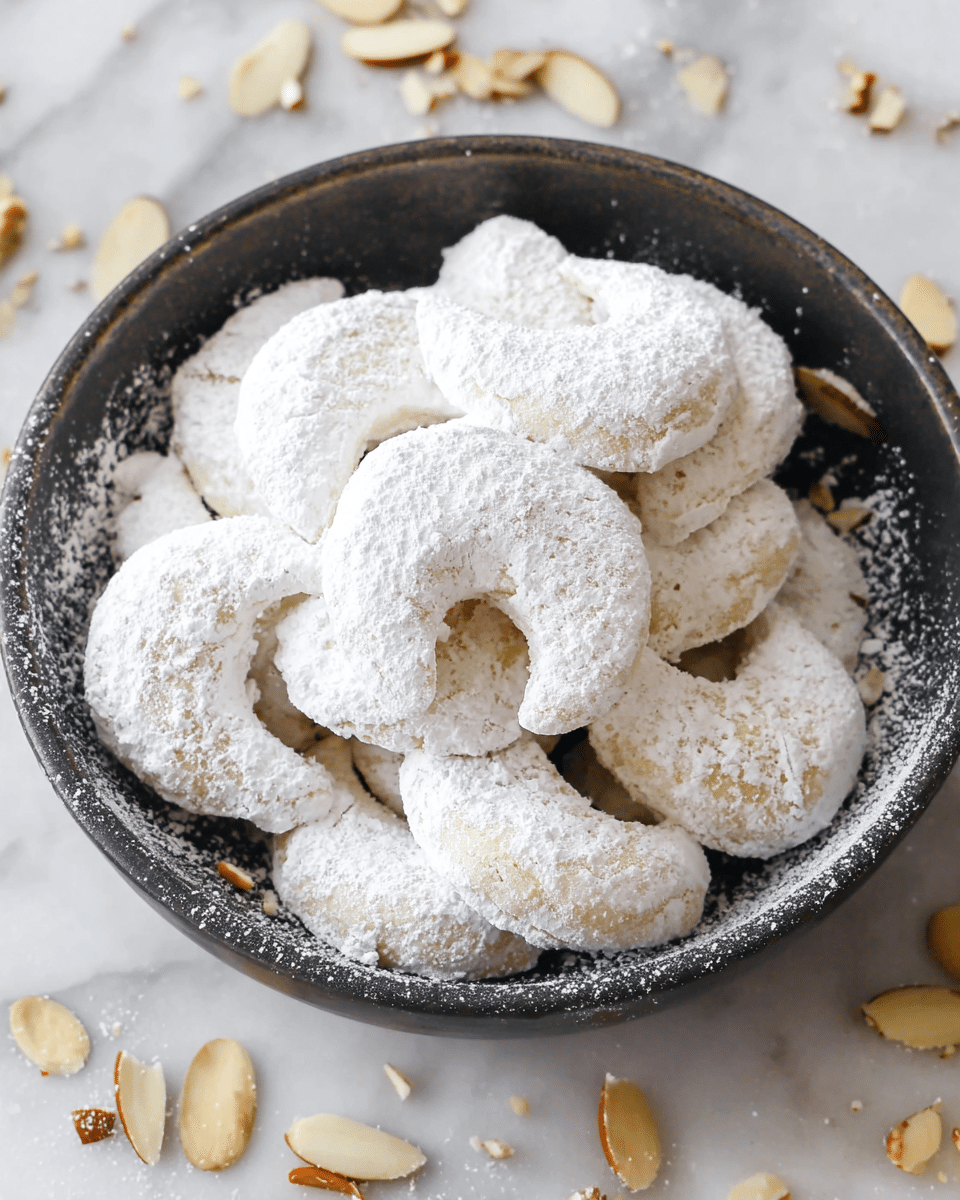 A dark bowl is filled with crescent-shaped cookies, each covered in a thick layer of white powdered sugar that gives them a soft, snowy appearance. The cookies are stacked loosely, showing their uneven textures and slight cracks beneath the sugar coating. Small pieces of sliced almonds are scattered around and under the cookies inside the bowl, adding a subtle crunch detail. The bowl rests on a white marbled surface with more almond slices and powdered sugar scattered around it, enhancing the sweet, homemade feel. photo taken with an iphone --ar 4:5 --v 7
