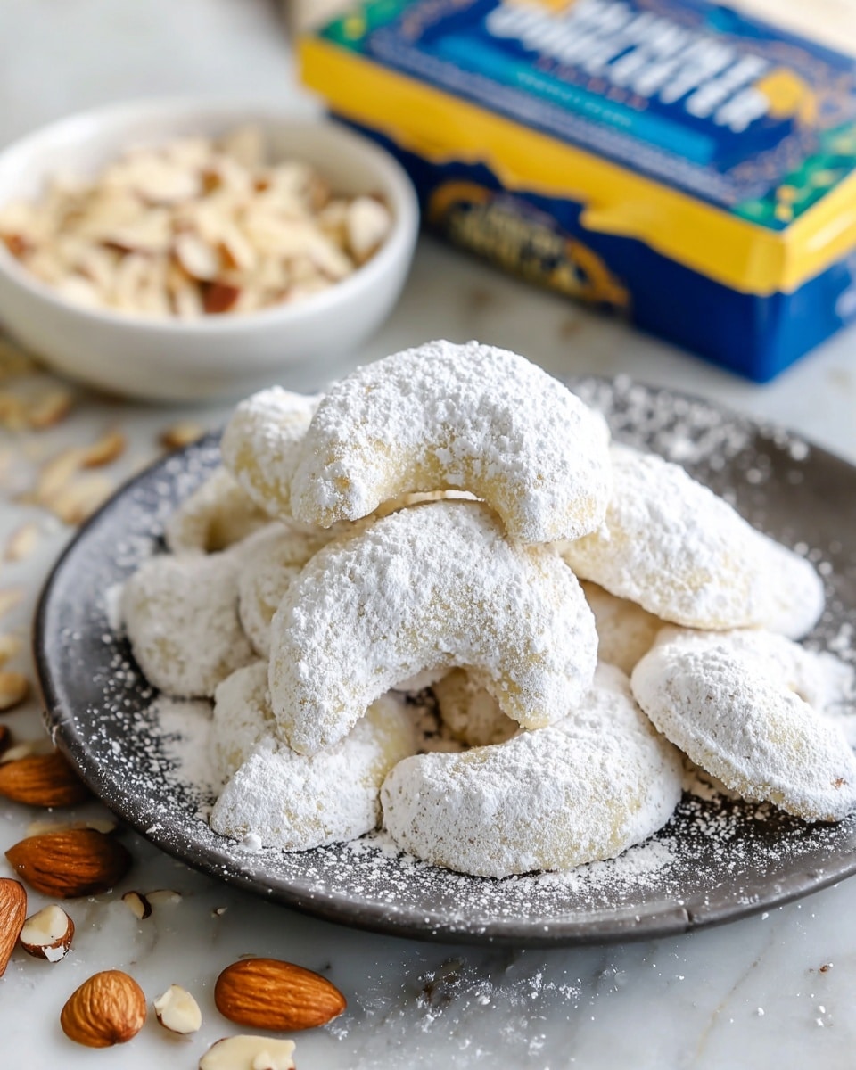 The image shows a dark round plate filled with crescent-shaped cookies covered in a thick layer of white powdered sugar, stacked in a loose pile with about two layers visible. The cookies have a soft, slightly crumbly texture underneath the sugar. Around the plate, small pieces of sliced almonds are scattered on the white marbled surface. In the background, there is a block of butter wrapped in blue and yellow packaging and a small white bowl filled with sliced almonds, both slightly out of focus. Photo taken with an iphone --ar 4:5 --v 7