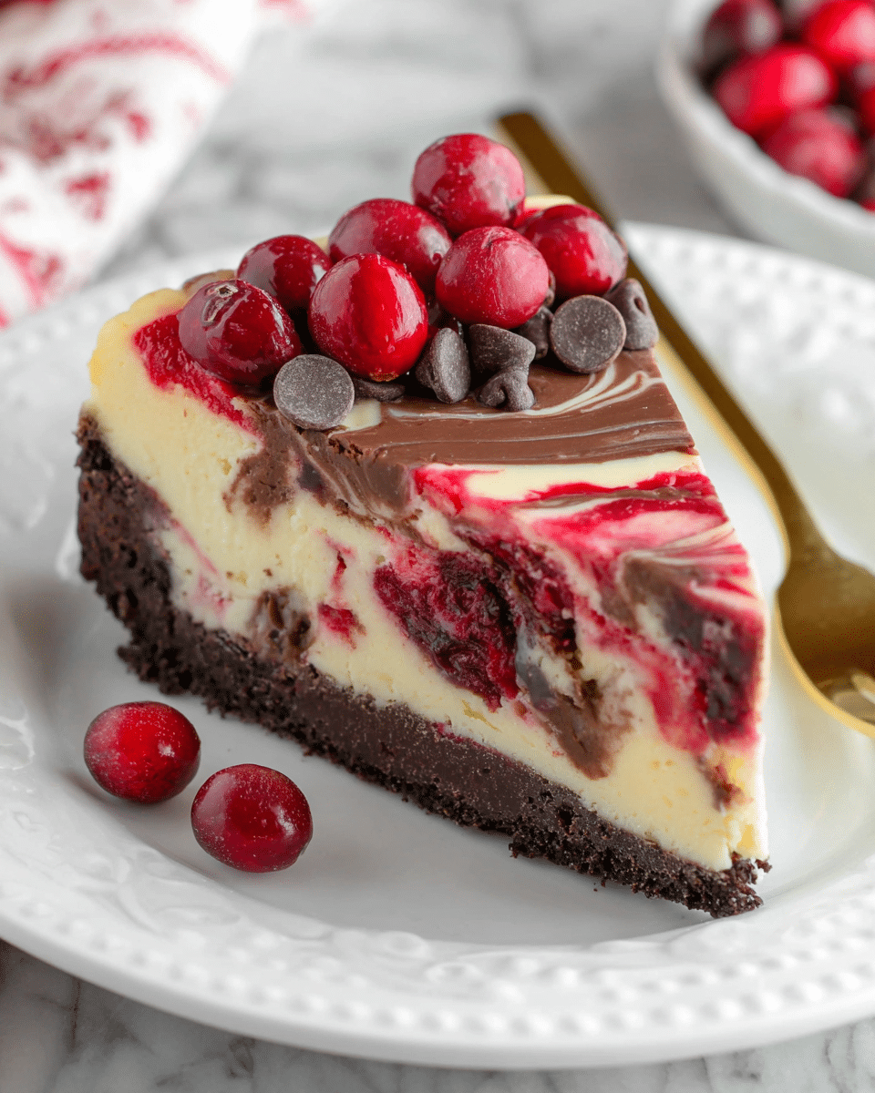 A single slice of cheesecake sits on a white plate with a decorative edge, placed on a white marbled surface. The dessert has four visible layers starting with a dark crumbly chocolate crust at the bottom, followed by a creamy white cheesecake mixed with bright red berry swirls and pieces inside. The top layer has a marbled pattern of red berry sauce and smooth chocolate, creating swirls across the pale creamy surface. On top of the slice, several whole fresh red cranberries and dark chocolate chips are scattered, with a few also resting on the plate beside the slice. A gold fork rests near the edge of the plate. photo taken with an iphone --ar 4:5 --v 7
