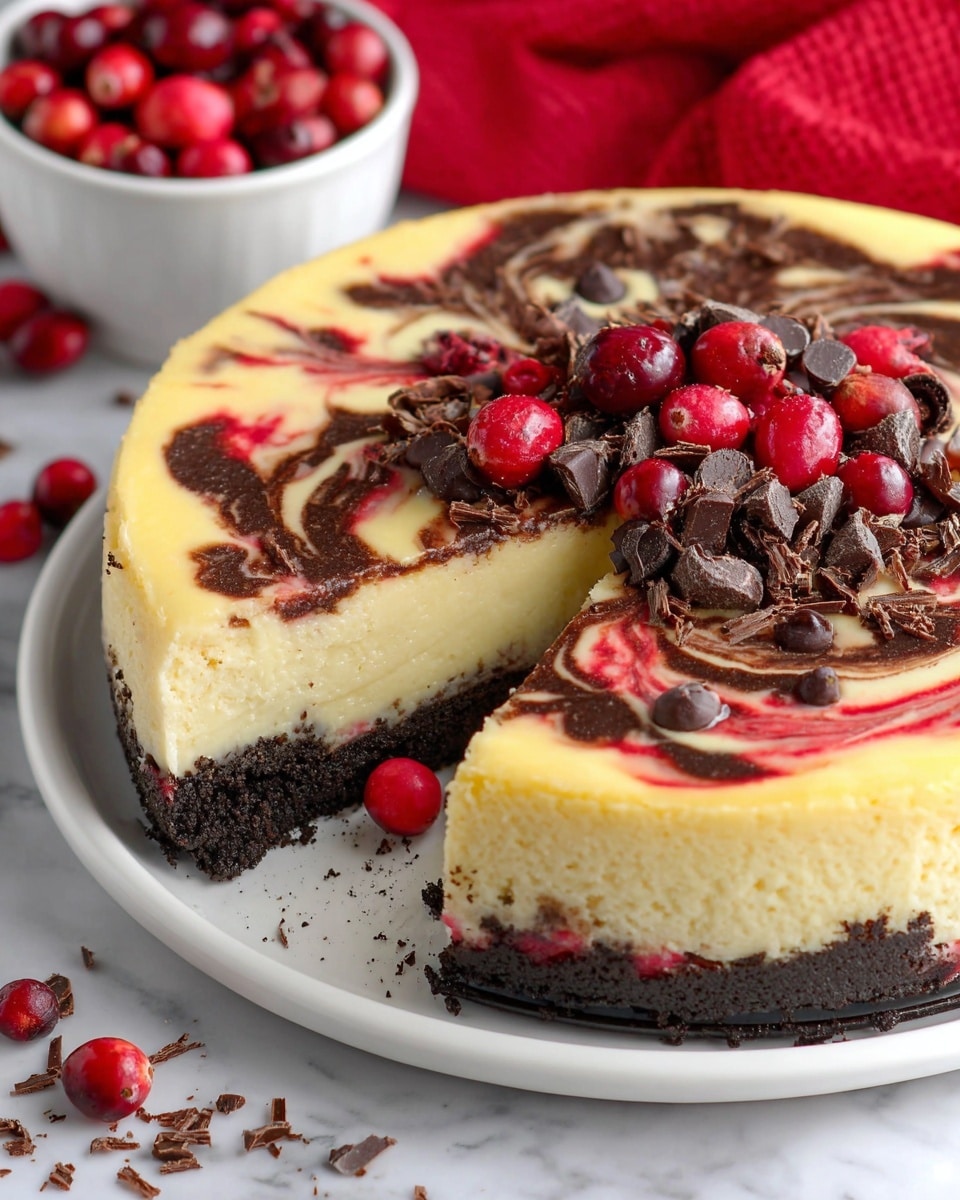 A round cheesecake with three layers sits on a white plate on a white marbled surface. The bottom layer is a dark, crumbly crust made of crushed chocolate cookies. The middle layer is thick and creamy with a pale yellow color. The top layer shows a marbled swirled pattern of red and dark brown, likely fruit and chocolate, creating a smooth and glossy texture. Fresh red cranberries and dark chocolate chips are scattered over one side of the cheesecake, adding bright and dark spots of color. Some small chocolate shavings are sprinkled lightly on top and around the plate. In the background, a white bowl filled with fresh cranberries sits on a red cloth. Photo taken with an iphone --ar 4:5 --v 7