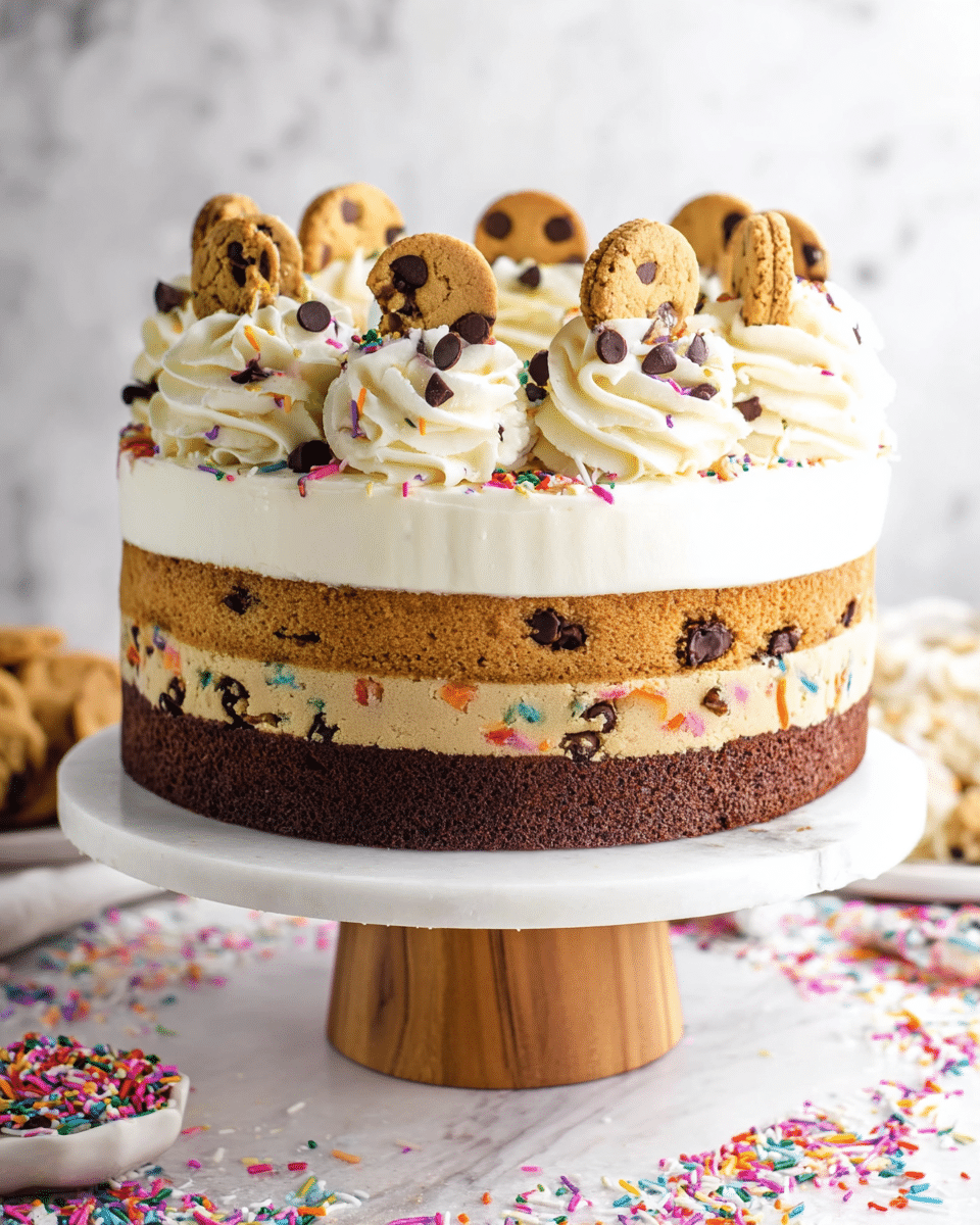 A three-layer cake sits on a white marble cake stand with a wooden base, surrounded by colorful sprinkles scattered around the base. The bottom layer is dark brown chocolate cake, topped with a thick layer of smooth white frosting. The middle layer is a chocolate chip cookie dough cake, light brown with dark chocolate chips visible, also topped with white frosting. The top layer is a funfetti cake, light tan with colorful sprinkles baked inside. The top of the cake is decorated with swirls of white frosting, each topped with a small chocolate chip cookie or a mini vanilla cookie, and sprinkled lightly with more colorful sprinkles. The background features a white marbled texture with some kitchen elements softly blurred. photo taken with an iphone --ar 4:5 --v 7