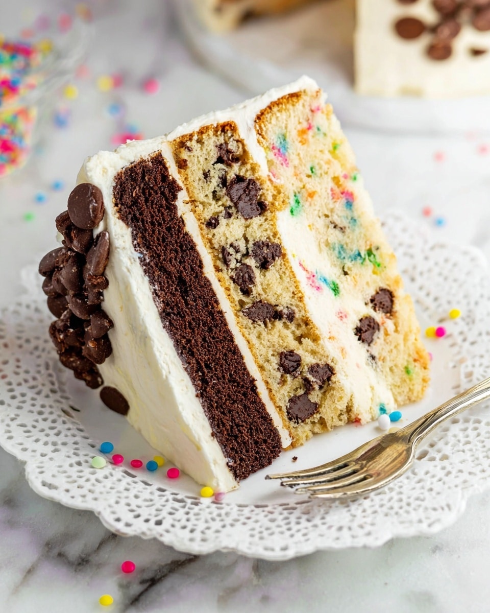 A slice of three-layer cake sits on a white plate with a lace-like edge, placed on a white marbled surface. The top layer is dark brown chocolate chip cookie dough, dense with large chocolate chunks and a rich texture. The middle layer is light brown chocolate chip cookie dough, dotted with semi-sweet chocolate chips and softer in texture. The bottom layer is a funfetti cake, creamy off-white with colorful sprinkles mixed inside, giving it a playful look. Each layer is separated by thick, smooth white frosting, which also partially covers the cake sides. Colorful sprinkles are scattered around the plate, adding brightness to the scene. A silver fork rests beside the cake slice. photo taken with an iphone --ar 4:5 --v 7