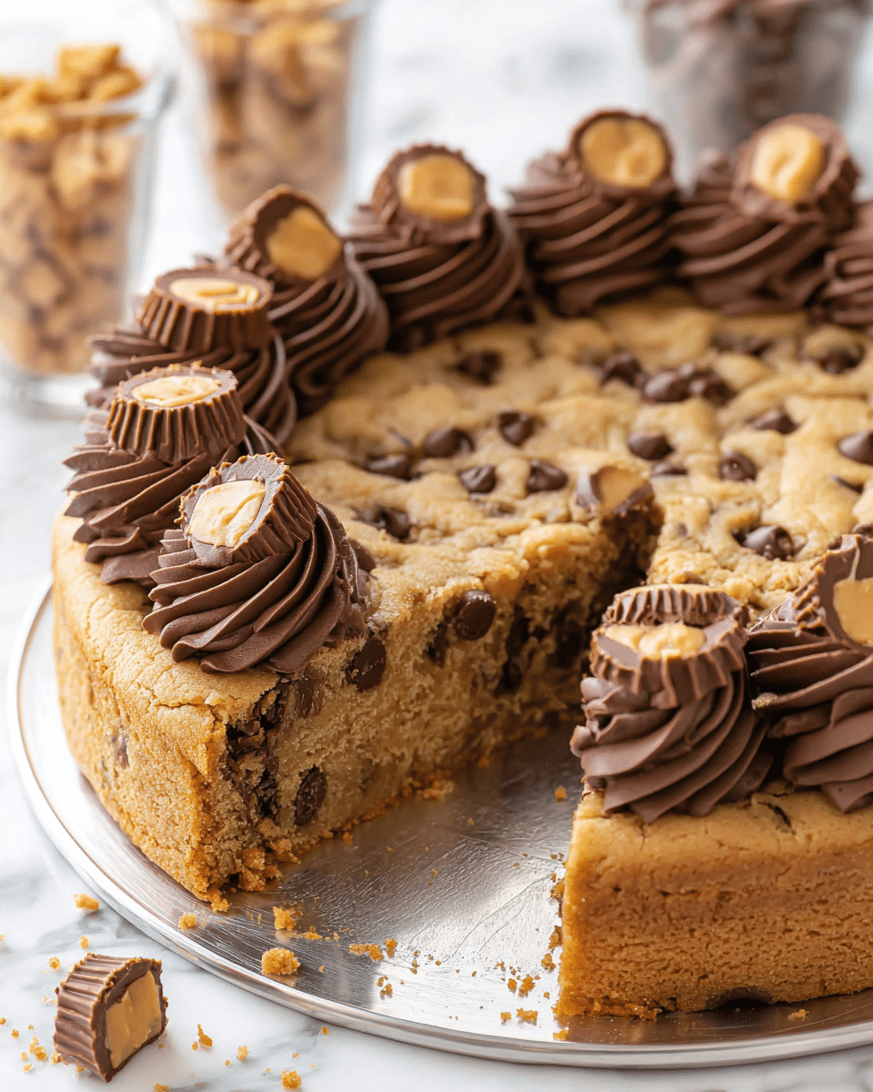 A thick, round cookie cake with visible chocolate chips throughout its golden brown surface is shown on a silver tray that sits on a white marbled texture. A slice has been cut out revealing the dense, soft cookie interior. Around the edge of the cookie cake, there are piped swirls of smooth dark chocolate frosting, each topped with half a peanut butter cup and some crushed cookie crumb pieces. The background shows blurred containers with chocolate and peanut butter pieces. Photo taken with an iphone --ar 4:5 --v 7