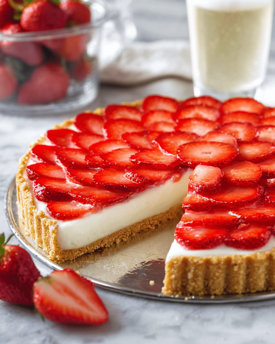 A round tart with a golden brown crumbly crust forms the base, topped with a smooth white cream layer, and covered by thinly sliced bright red strawberries arranged in an overlapping flower pattern, all resting on a shiny silver metal stand with two halved strawberries placed in front. The background features a white marbled texture with a glass bowl of whole strawberries and two glasses filled with a light yellow sparkling drink softly blurred in the back. photo taken with an iphone --ar 4:5 --v 7