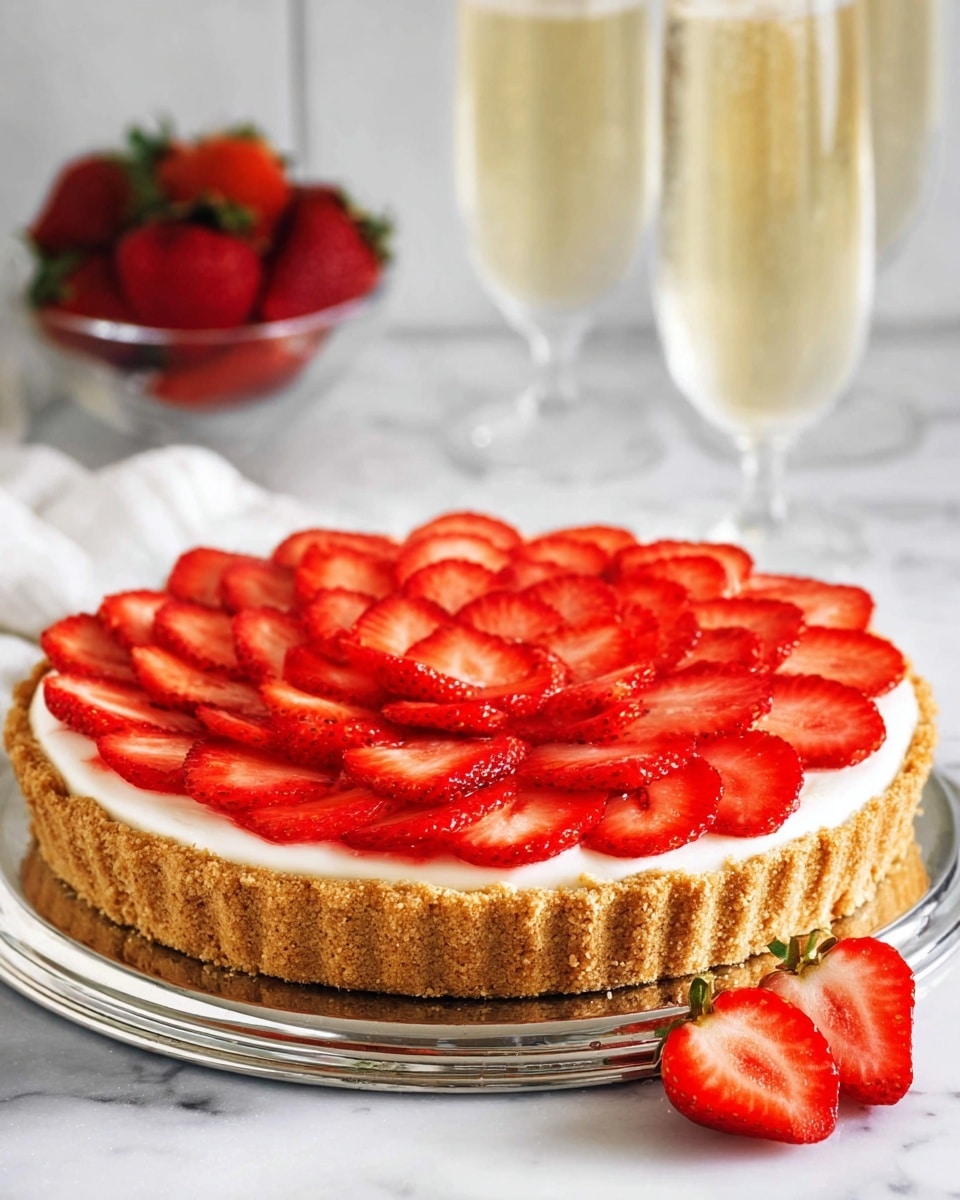 A round tart with three visible layers sits on a silver metal tray over a white marbled surface. The bottom layer is a golden-brown crumbly crust. Above it is a thick, smooth white cream layer that looks soft and rich. The top layer is made of neat, overlapping slices of bright red strawberries arranged like flower petals, covering the entire surface. To the side, there are two strawberry halves, and in the background, a clear container holds whole strawberries, with a blurred light-colored drink behind it. photo taken with an iphone --ar 4:5 --v 7