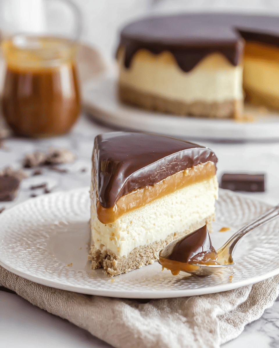 The image shows a piece of three-layer dessert on a white textured plate. The bottom layer is a light brown crumbly crust, the middle layer is thick and creamy pale yellow, and the top layer is smooth dark brown chocolate with a glossy finish that slightly drips over the sides. To the right, a spoon holds a small, pointed slice of the dessert, showing the same three layers clearly. In the background, there's a glass jar with caramel sauce and an out-of-focus bigger cake of the same dessert. The setting is on a white marbled surface with a beige cloth under the plate. photo taken with an iphone --ar 4:5 --v 7