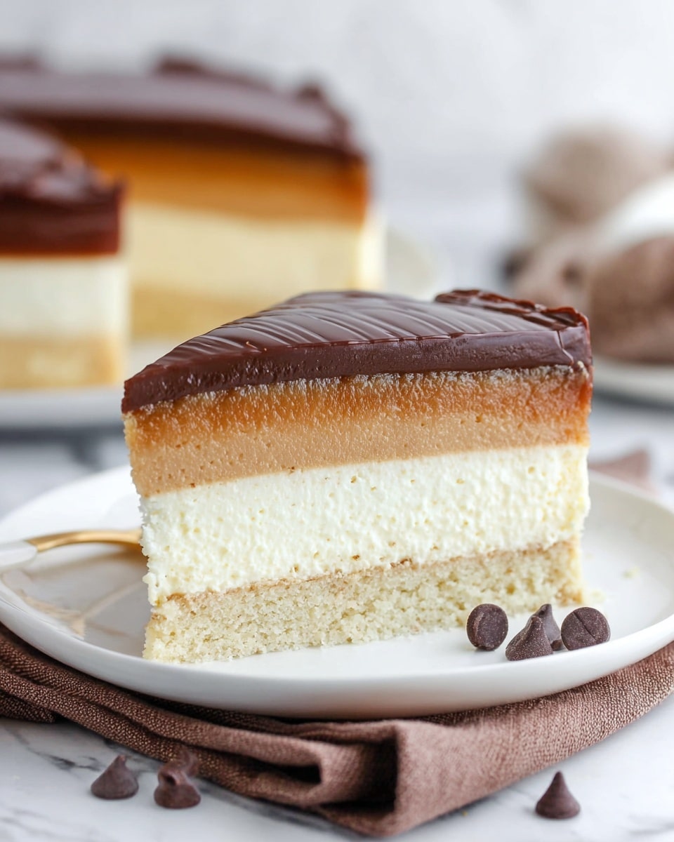 The image shows a slice of cake on a white plate, resting on a folded brown cloth on a white marbled surface. The cake has three clear layers: a light brown crumbly base at the bottom, a thick and fluffy creamy white middle layer, and a smooth top layer with a glossy gradient from light caramel brown to dark chocolate brown with soft ridges on the surface. The background features a blurred whole cake with the same layers, and there are some scattered chocolate chips in front of the plate. photo taken with an iphone --ar 4:5 --v 7