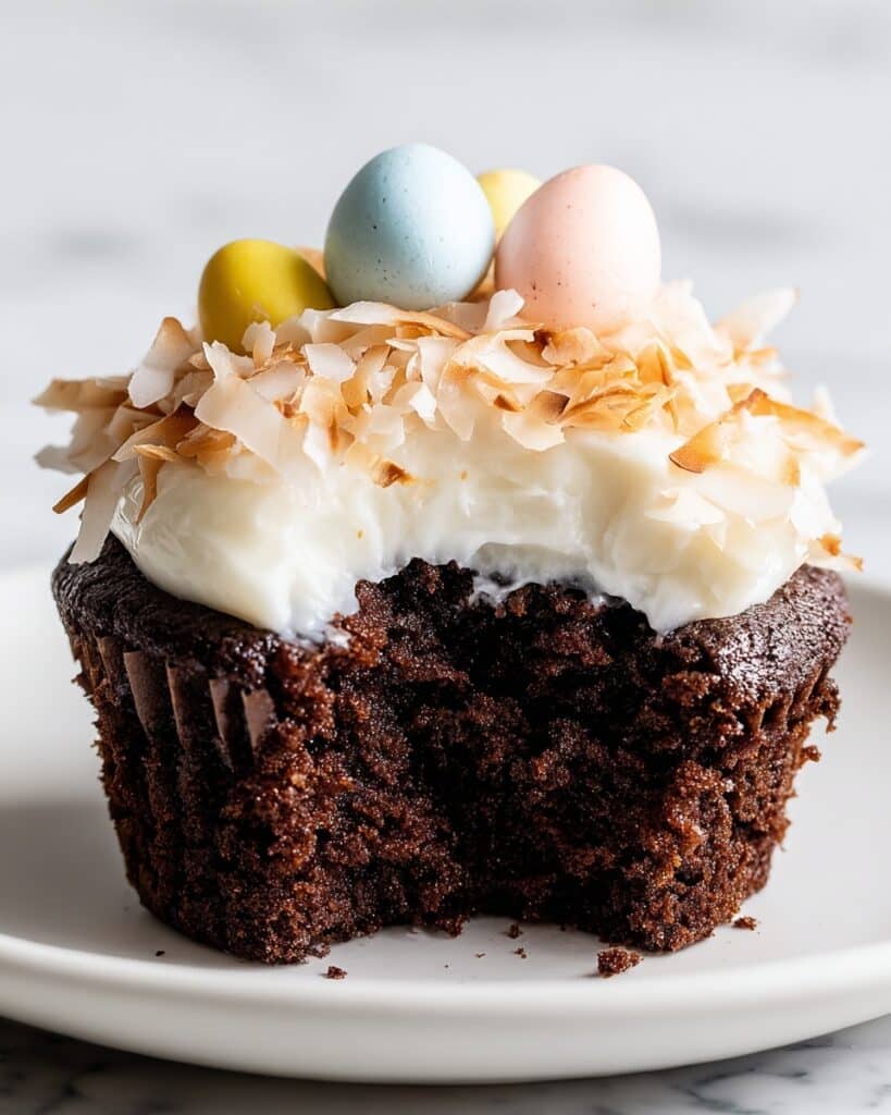Easter Coconut Chocolate Cupcakes with Toasted Coconut and Easter Egg Candies Recipe