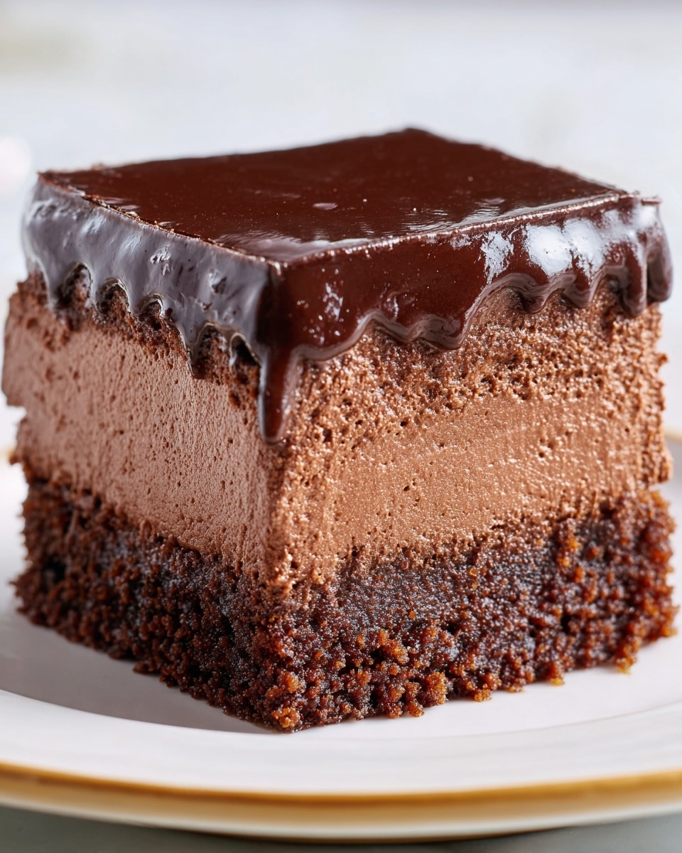 A close-up of a square chocolate dessert with three clear layers sits on a white plate with a thin gold rim, all placed on a white marbled surface. The bottom layer is a thin, crumbly dark brown crust, textured and slightly uneven. Above it is a thick middle layer of fluffy, aerated chocolate mousse that looks rich and soft with tiny air holes visible. The top layer is a thick, shiny dark chocolate glaze that slightly drips over the edges of the mousse, adding a smooth and glossy finish. The lighting highlights the moist texture and glossy shine of the top layer, making the treat look very rich and tasty. photo taken with an iphone --ar 4:5 --v 7