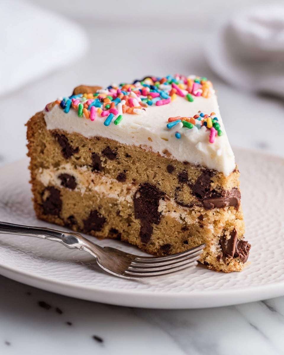 A thick slice of chocolate chip cookie cake sits on a white plate with a subtle texture. The cake has two main layers: the bottom and middle layer is a dense, golden-brown cookie dough filled with large, dark chocolate chunks, giving it a bumpy texture. The top layer is a smooth, creamy white frosting spread evenly, decorated with colorful, small, cylindrical sprinkles scattered across the surface. A silver fork is placed beside the cake on the plate, and the whole scene is set on a white marbled background, creating a clean and bright look. photo taken with an iphone --ar 4:5 --v 7